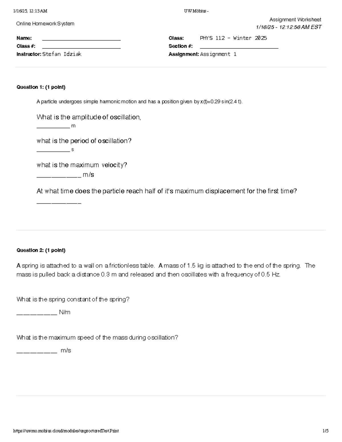 PHYS 112 - Winter 2025 Assignment 1: Harmonic Motion Problems - Studocu