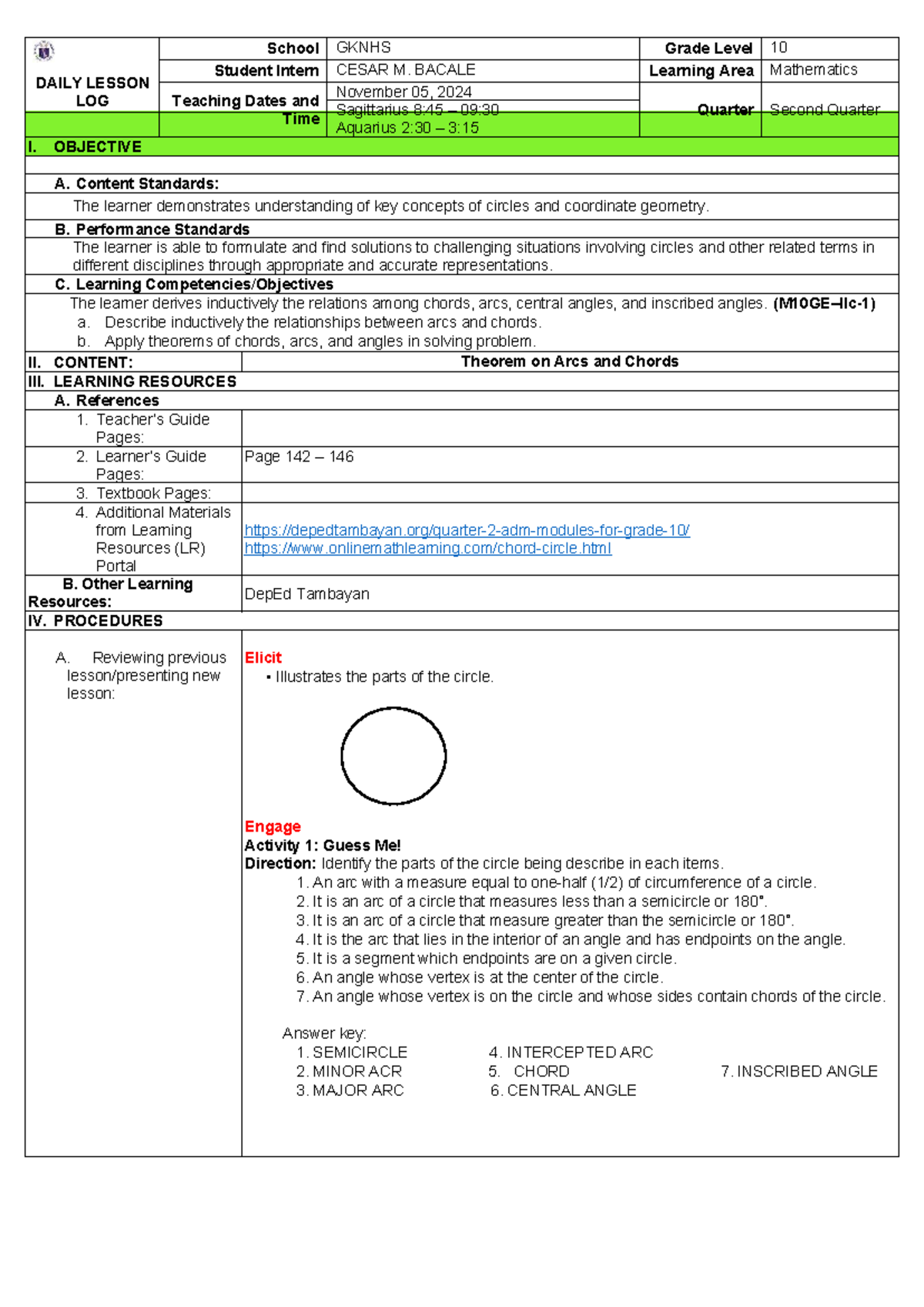 Theorem and Lesson Plan on Arcs and Chords (M10GE–llc-1) - Studocu