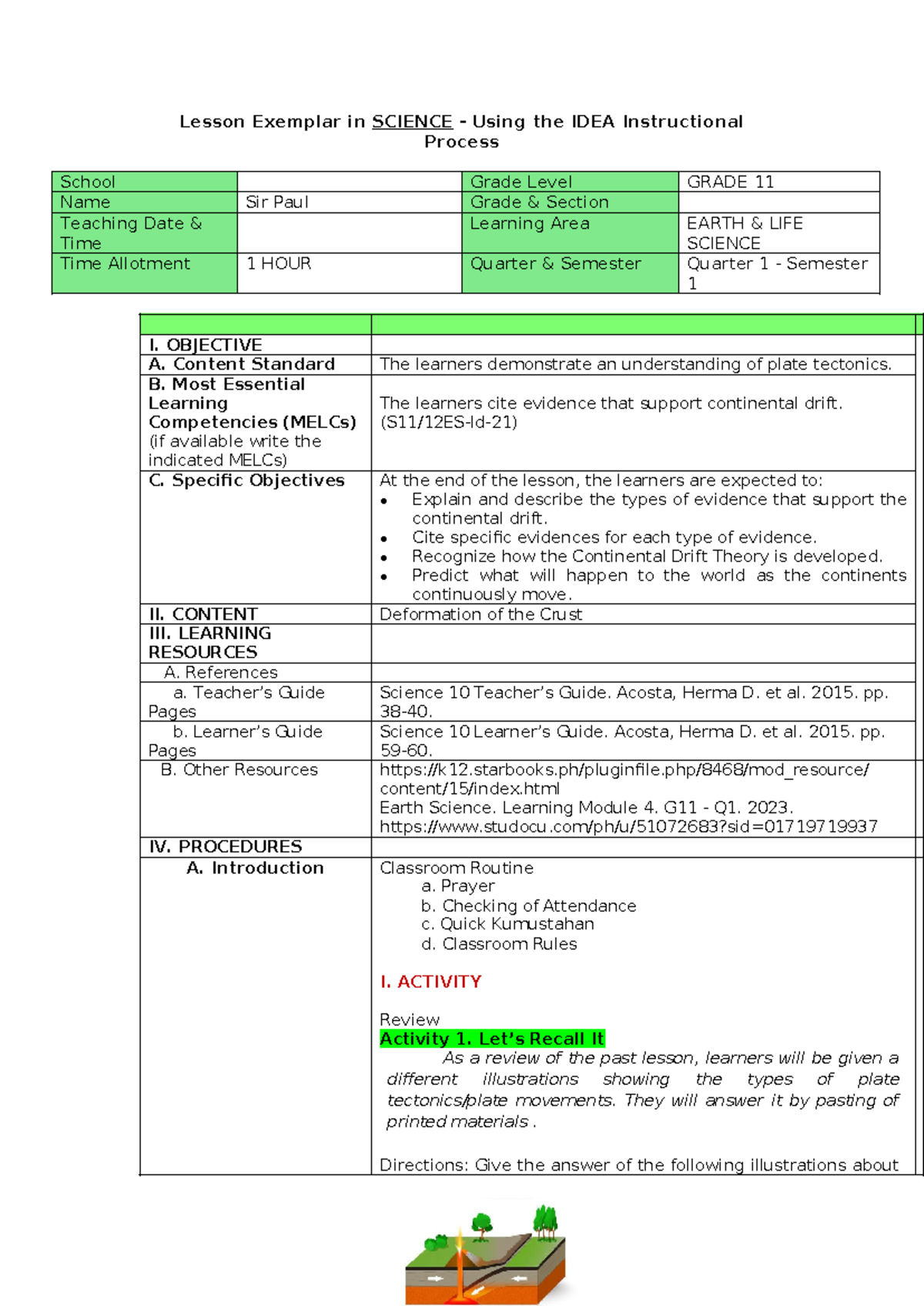 ELS - G11 Lesson Plan: Understanding Plate Tectonics in Earth Science ...