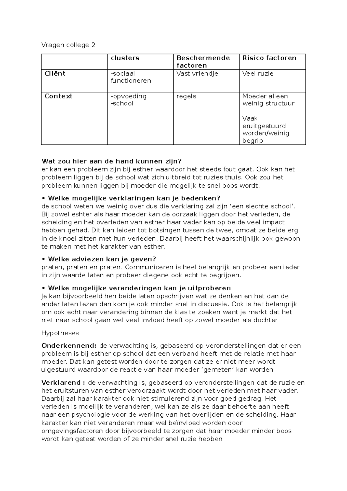 Opdrachten College 3: Analyse van Cliënt Functioneren en Risicofactoren ...