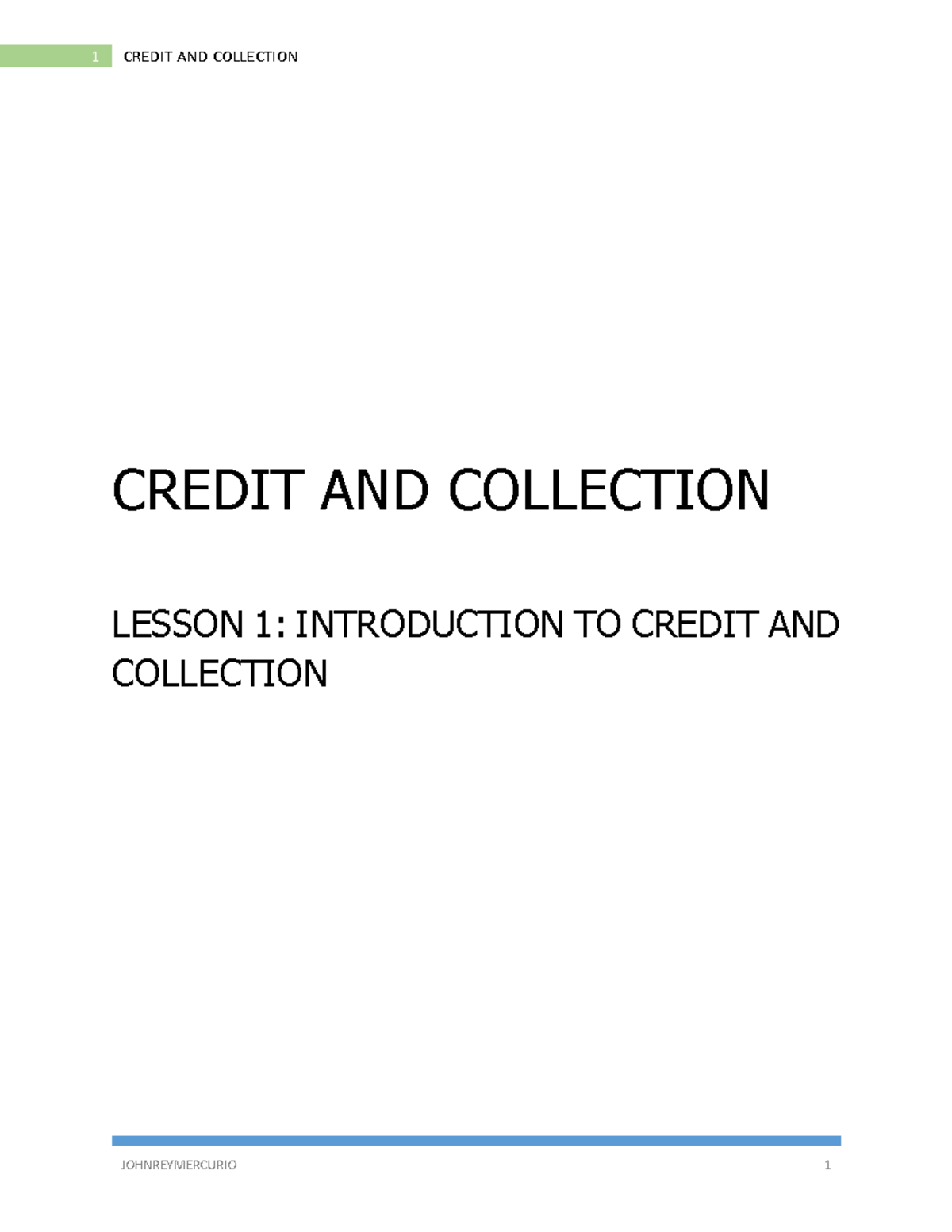 Credit and Collection Lesson 1: Intro to Credit Concepts and Functions ...
