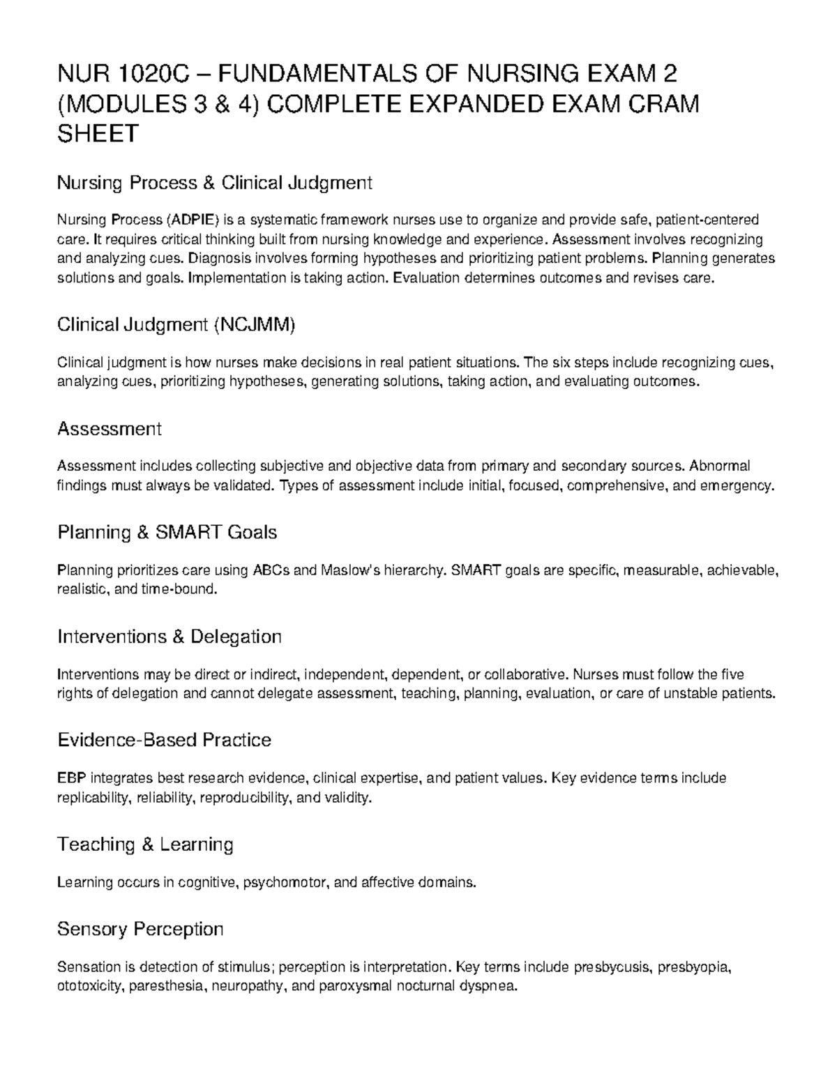 NUR 1020C Fundamentals of Nursing Exam 2 Expanded Cram Sheet - Studocu