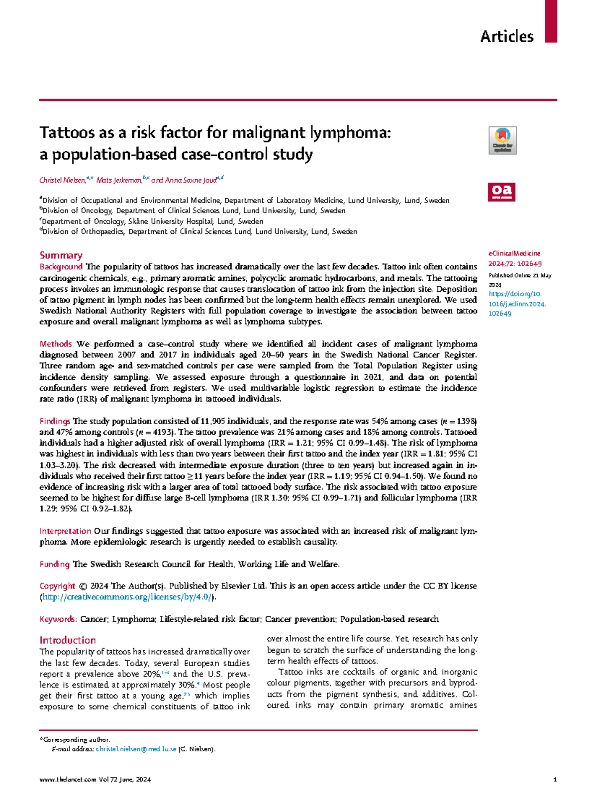 2024 Linfoma y tatuaje Original - Tattoos as a risk factor for ...