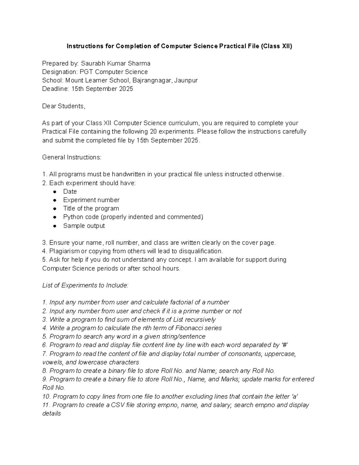 Class XII CS Practical File Instructions and Guidelines - Studocu