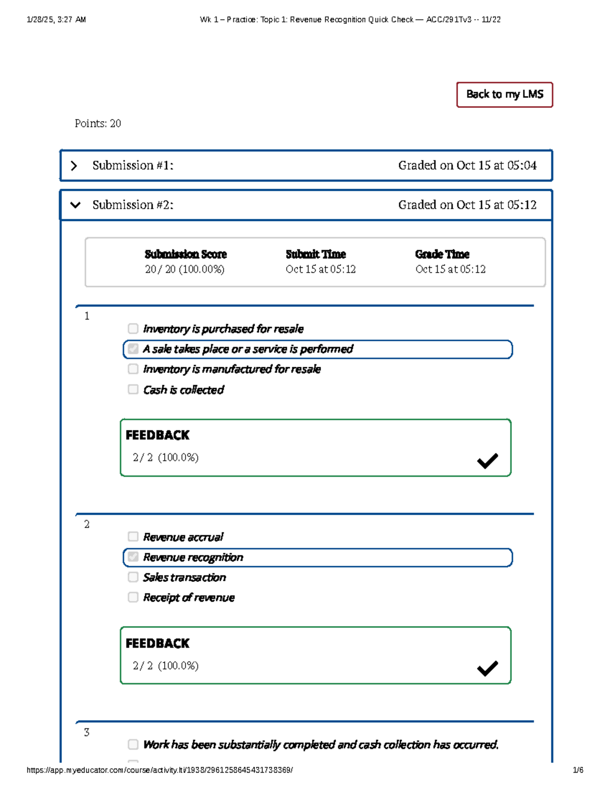 Wk 1 – Revenue Recognition Practice Quick Check — ACC 291 - Studocu
