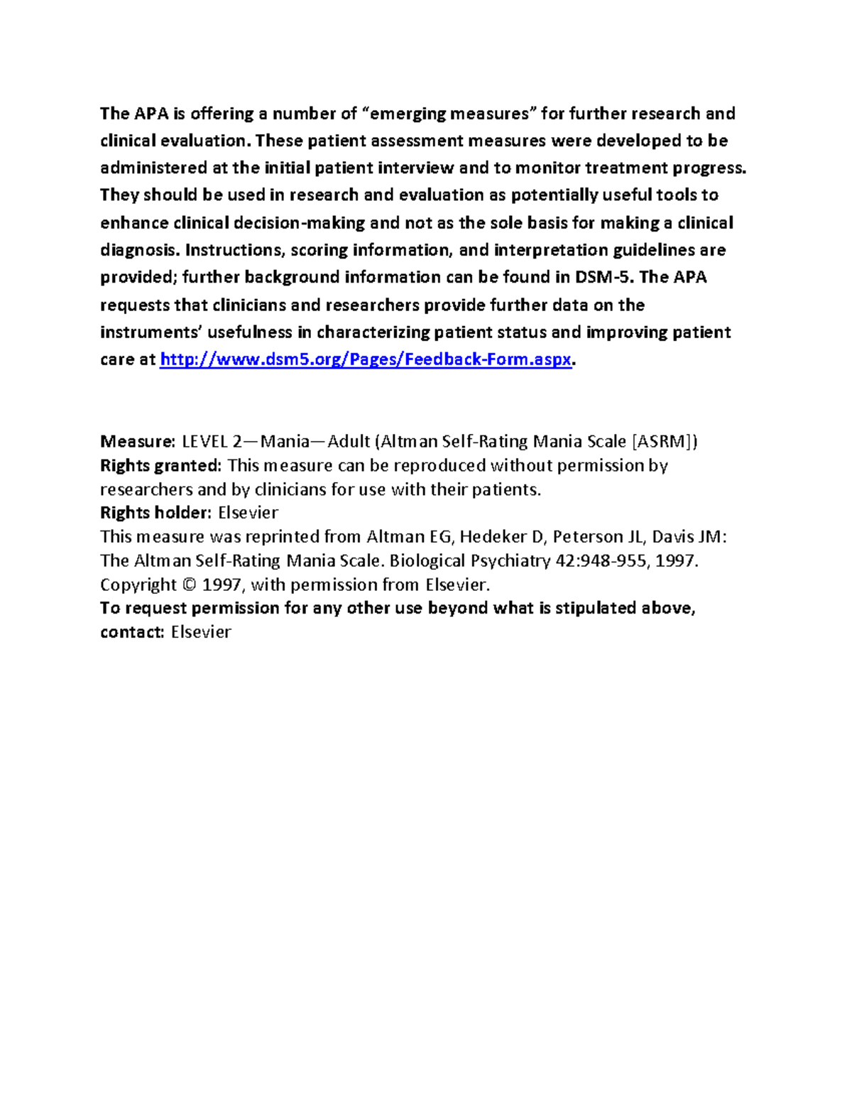 Altman Self-Rating Mania Scale (ASRM) - Clinical Evaluation Guide - Studocu