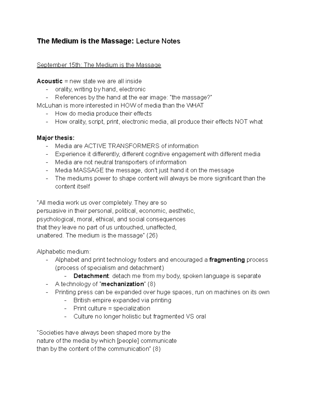 ENGL 110 Lecture Notes: The Medium is the Massage Insights - Studocu