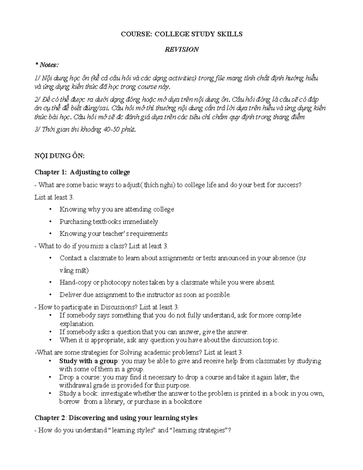 COLLEGE STUDY SKILLS REVISION Notes: Key Strategies & Activities for ...