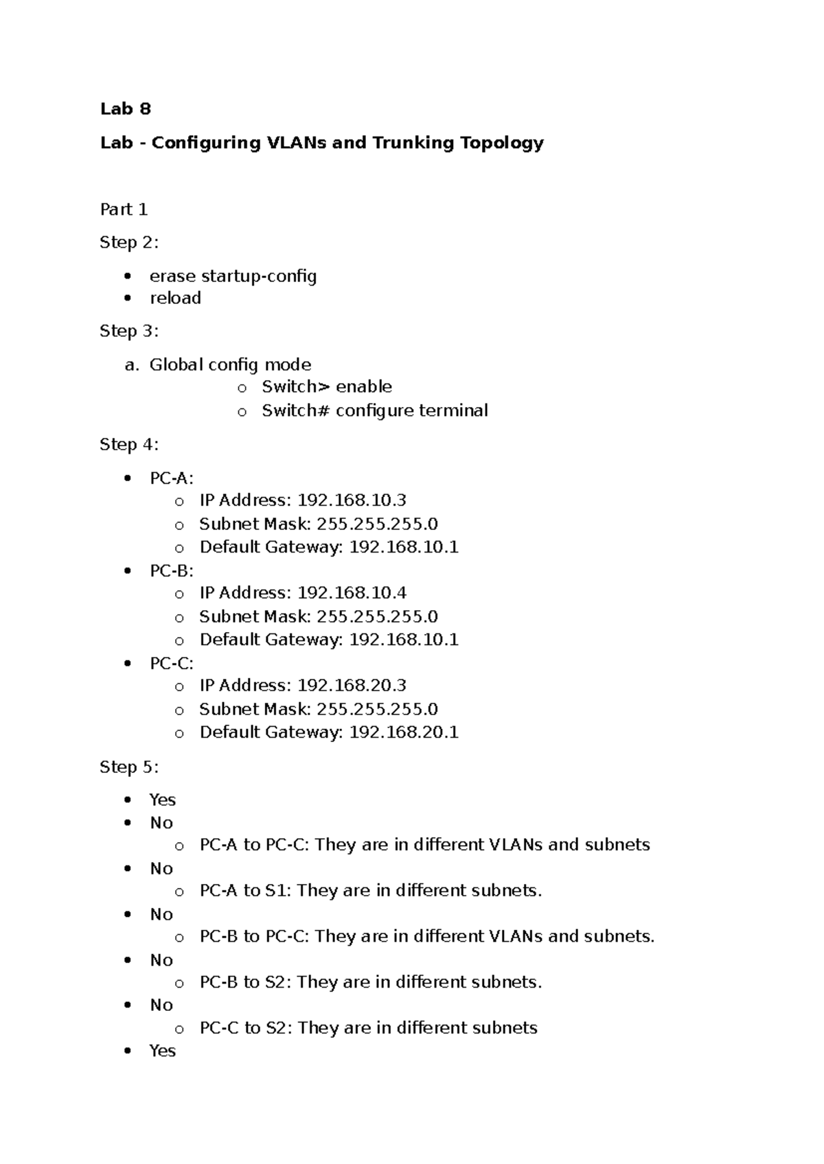 Lab 8 - Answer for Lab 8 - Lab 8 Lab - Configuring VLANs and Trunking ...
