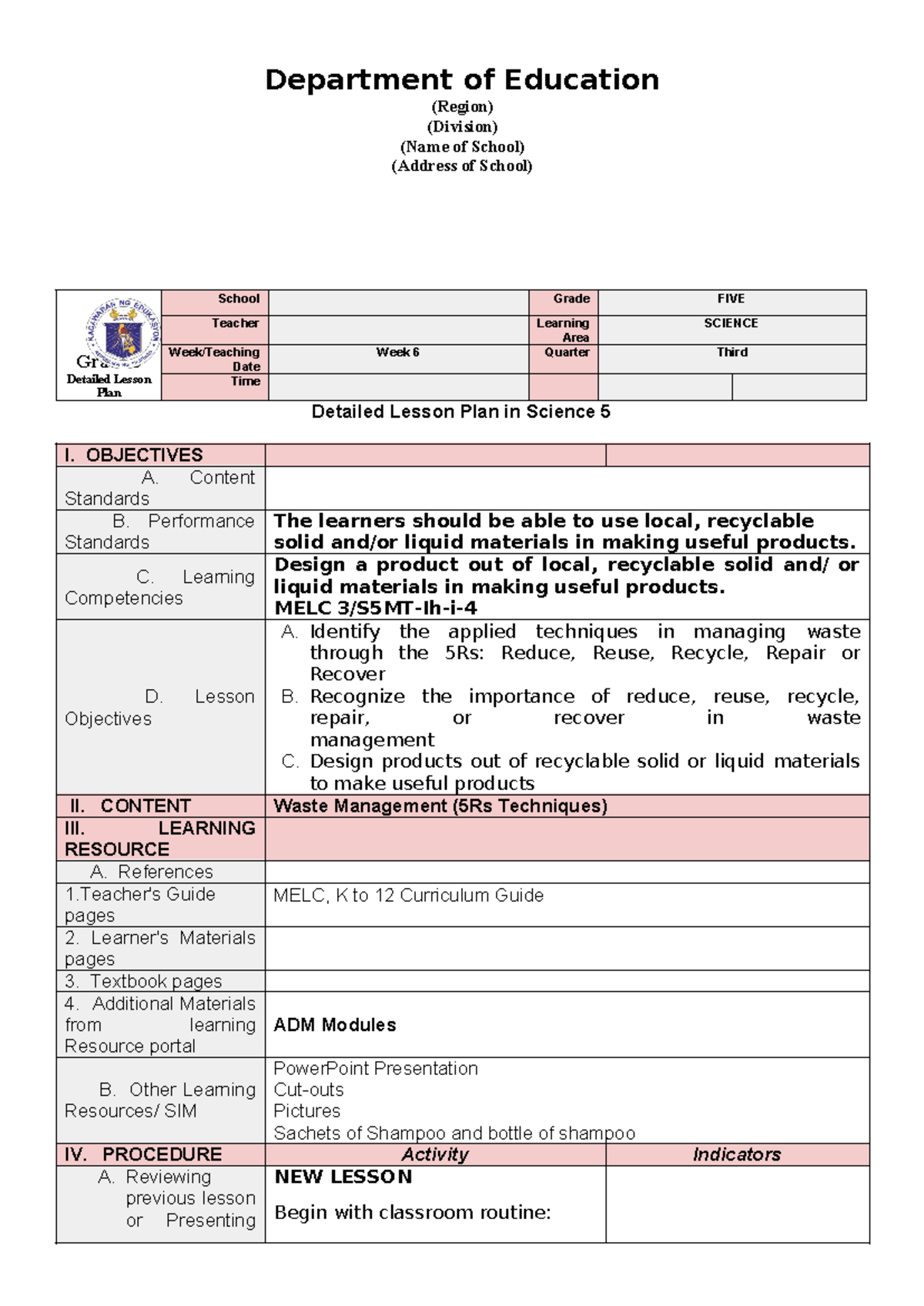 COT1- Science 5-Q1 - LESSONPLAN - Grade 5 Detailed Lesson Plan School ...