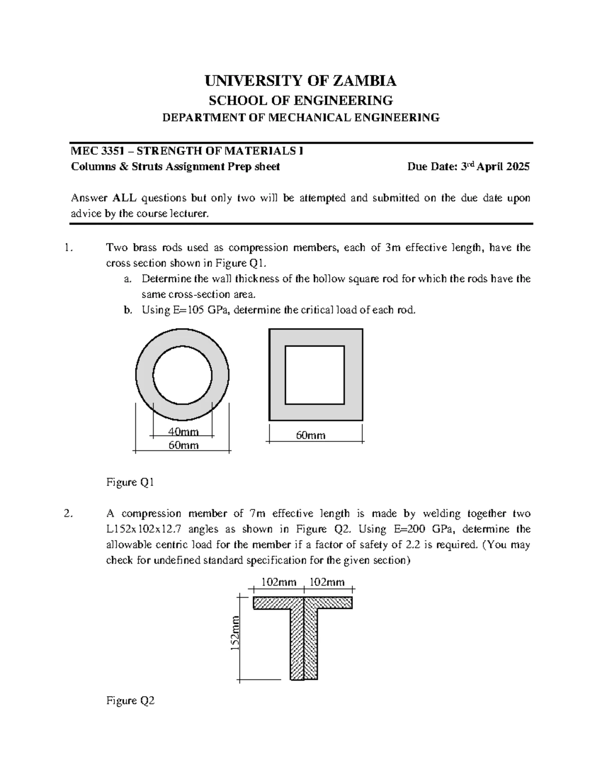 MEC 3351 - Assignment on Columns & Struts - Due 21st Sept 2023 - Studocu