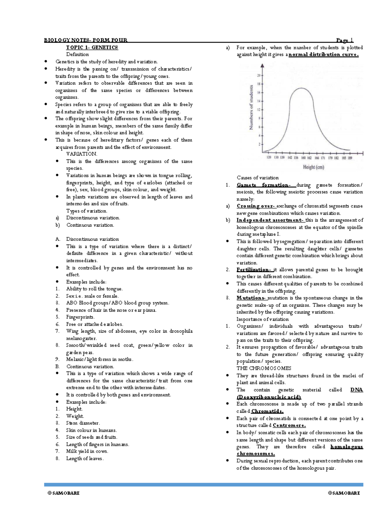 BIOLOGY FORM FOUR: GENETICS SUMMARY NOTES - Studocu