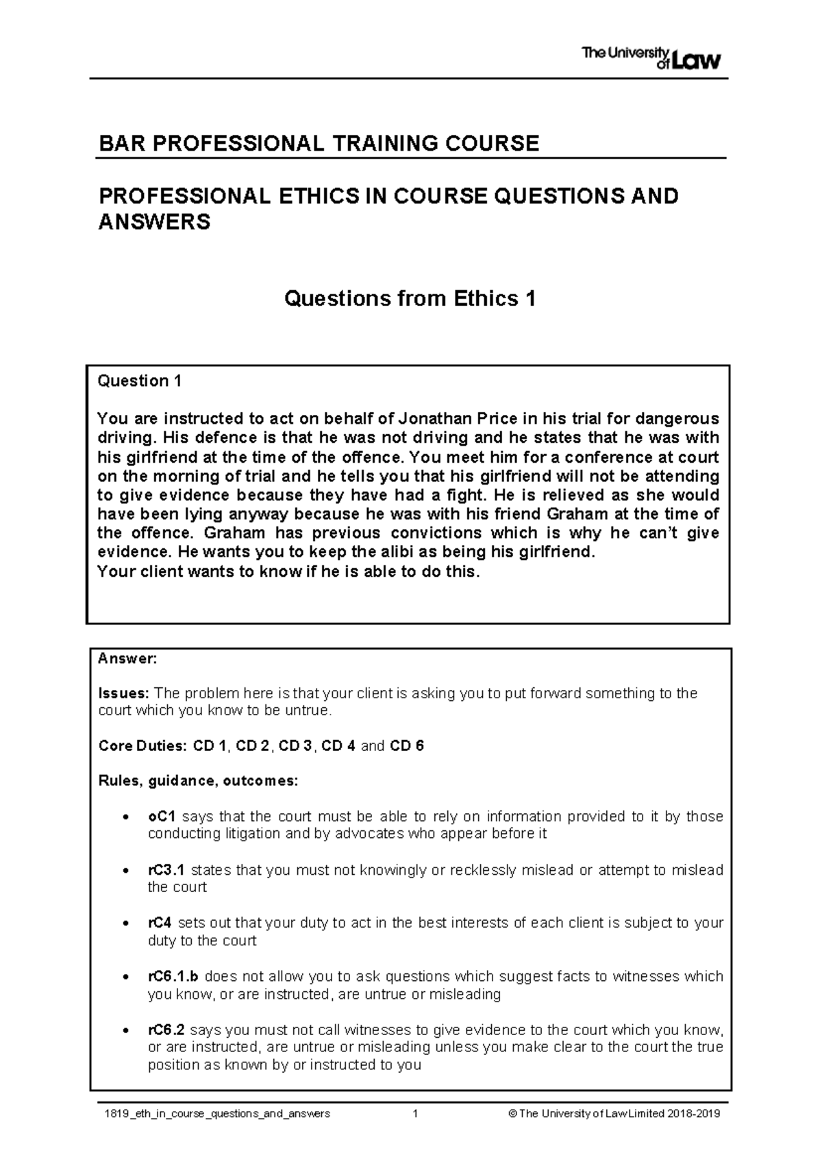 Ethics 1: Professional Conduct Questions and Answers in Law Practice ...