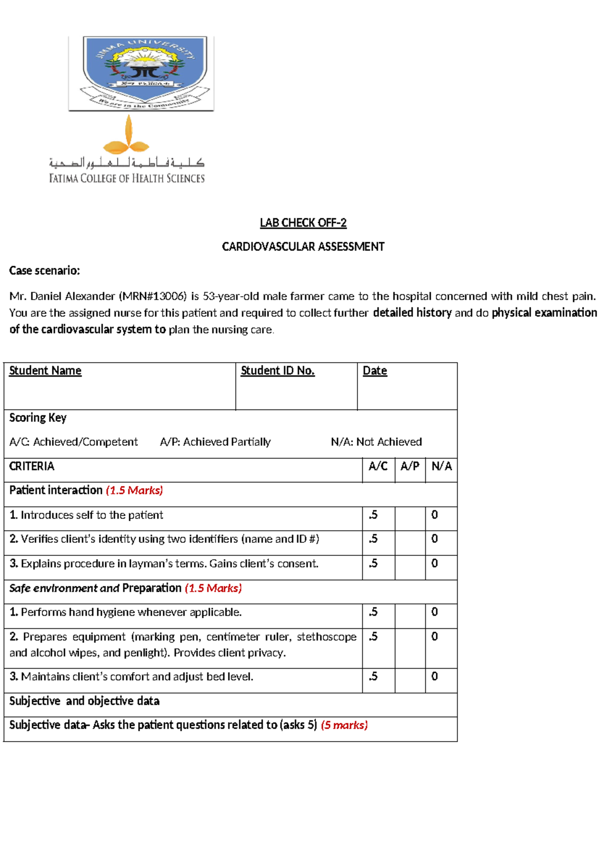 Cardiovascular Assessment Case Study - LAB CHECK OFF Guide - Studocu