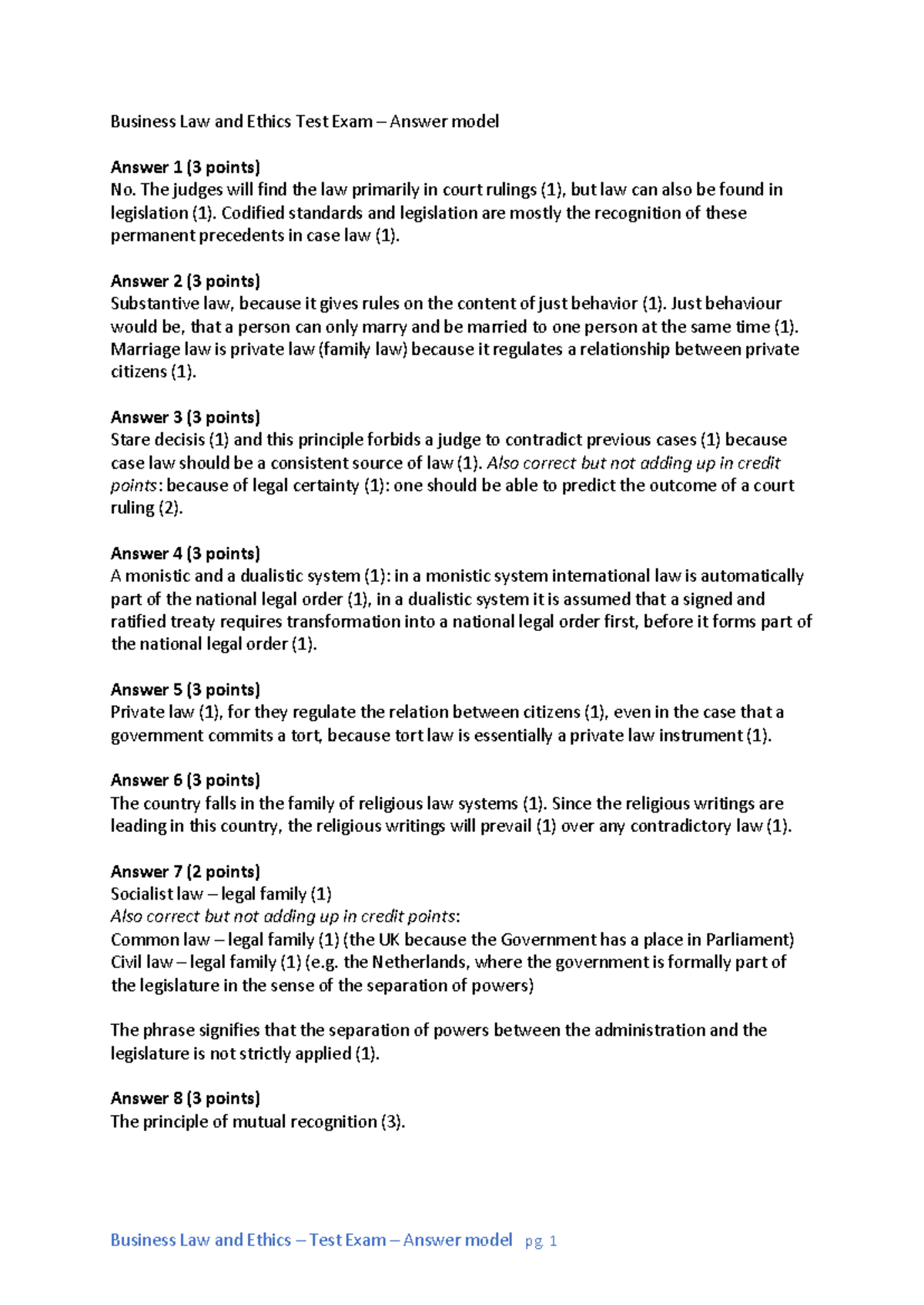 Business Law and Ethics Test Exam Answers Model 2019-2020 - Studeersnel