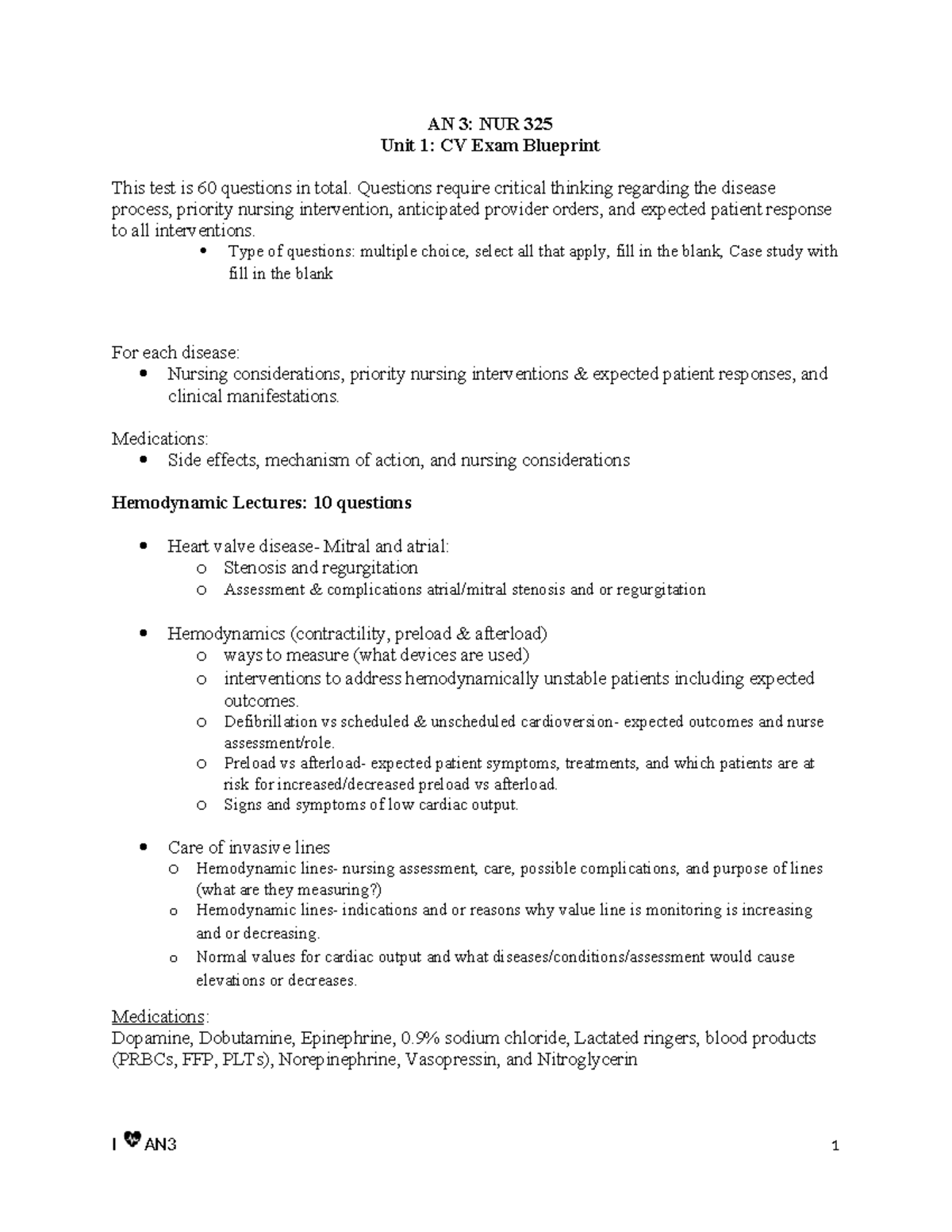 NUR 325 Unit 1: Comprehensive CV Exam Blueprint & Key Concepts - Studocu