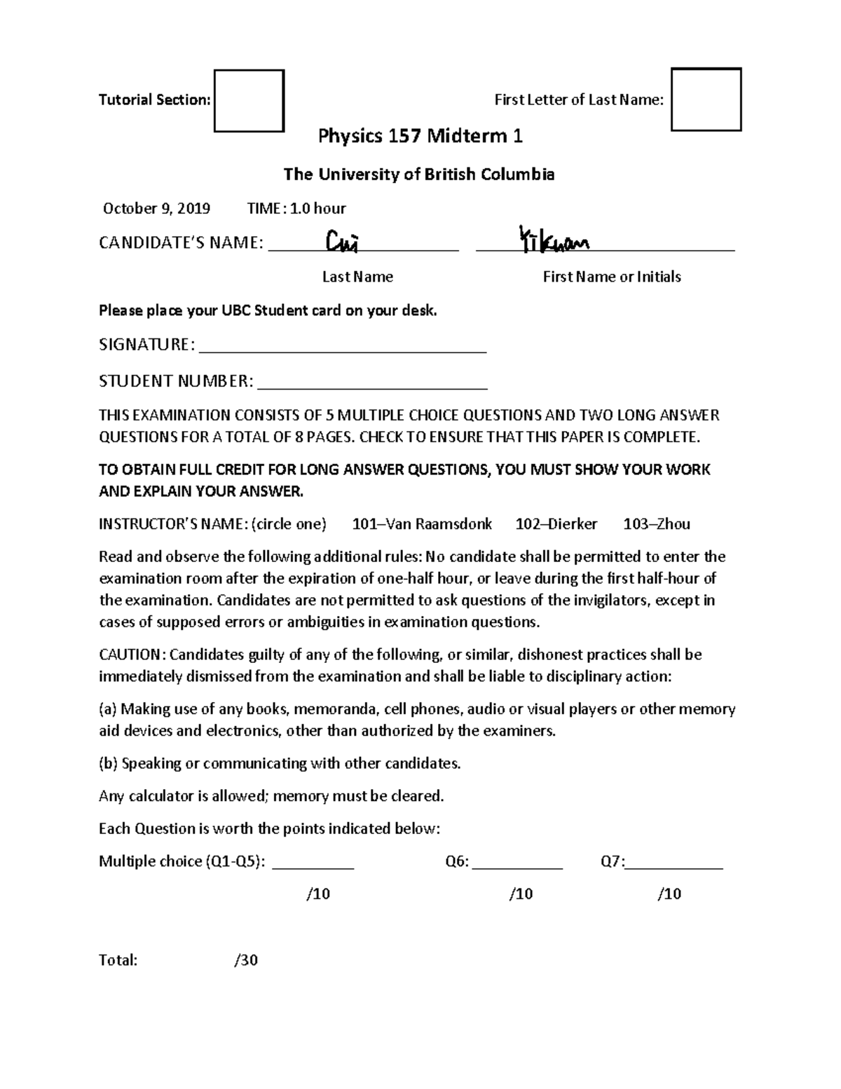 Physics 157 Midterm 1 Exam Practice - UBC October 2019 - Studocu
