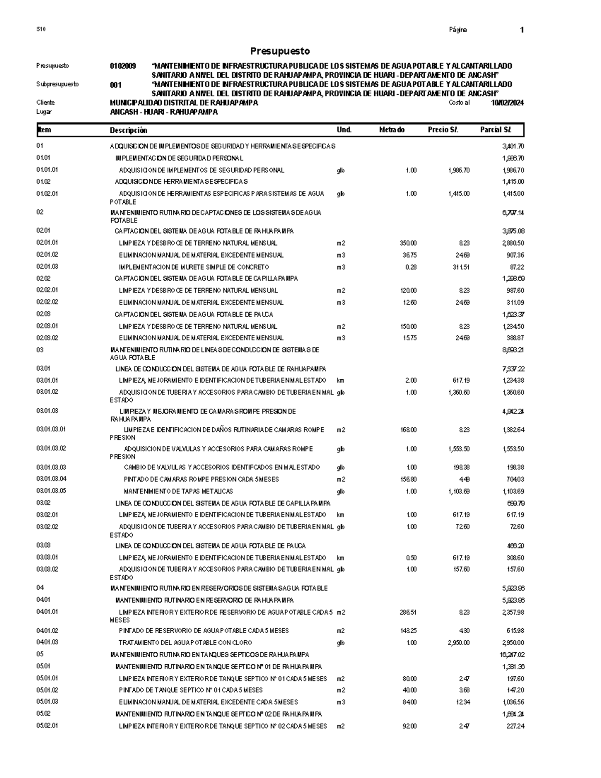 Presupuesto para Mantenimiento de Infraestructura de Agua Potable - S10 - Document Preview