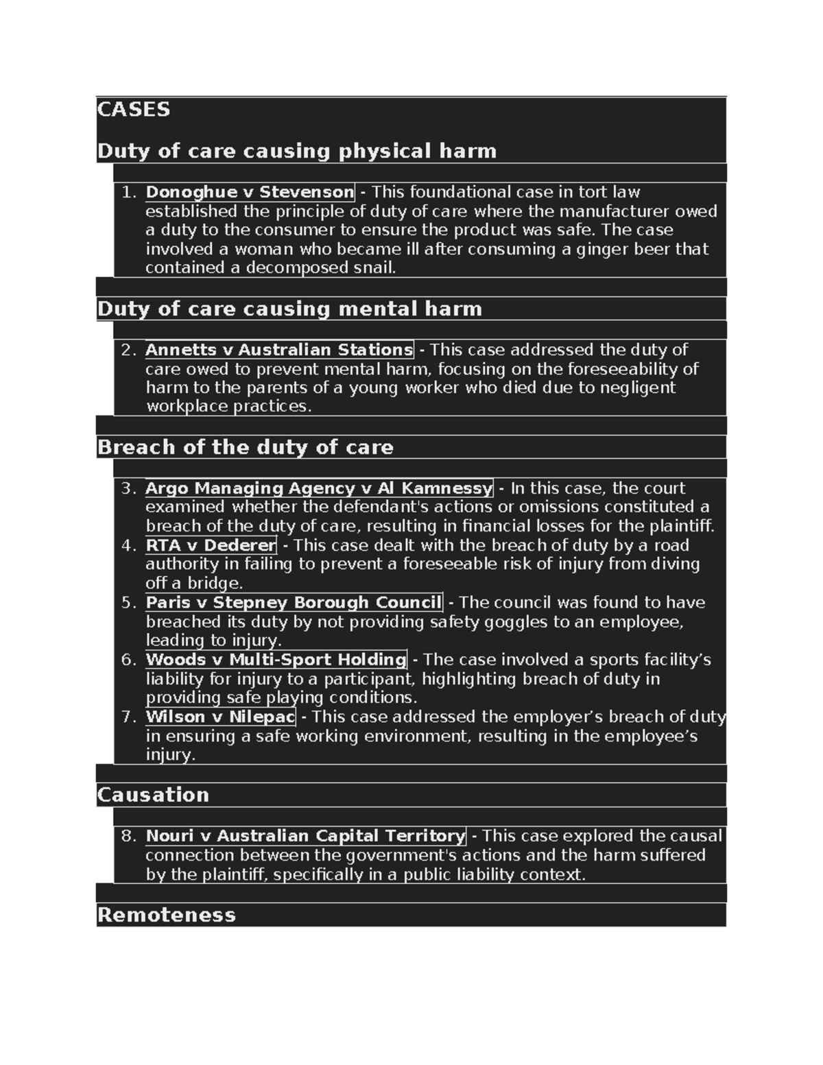 Cases Summary: Duty of Care in Tort Law (LAW 101) - Studocu