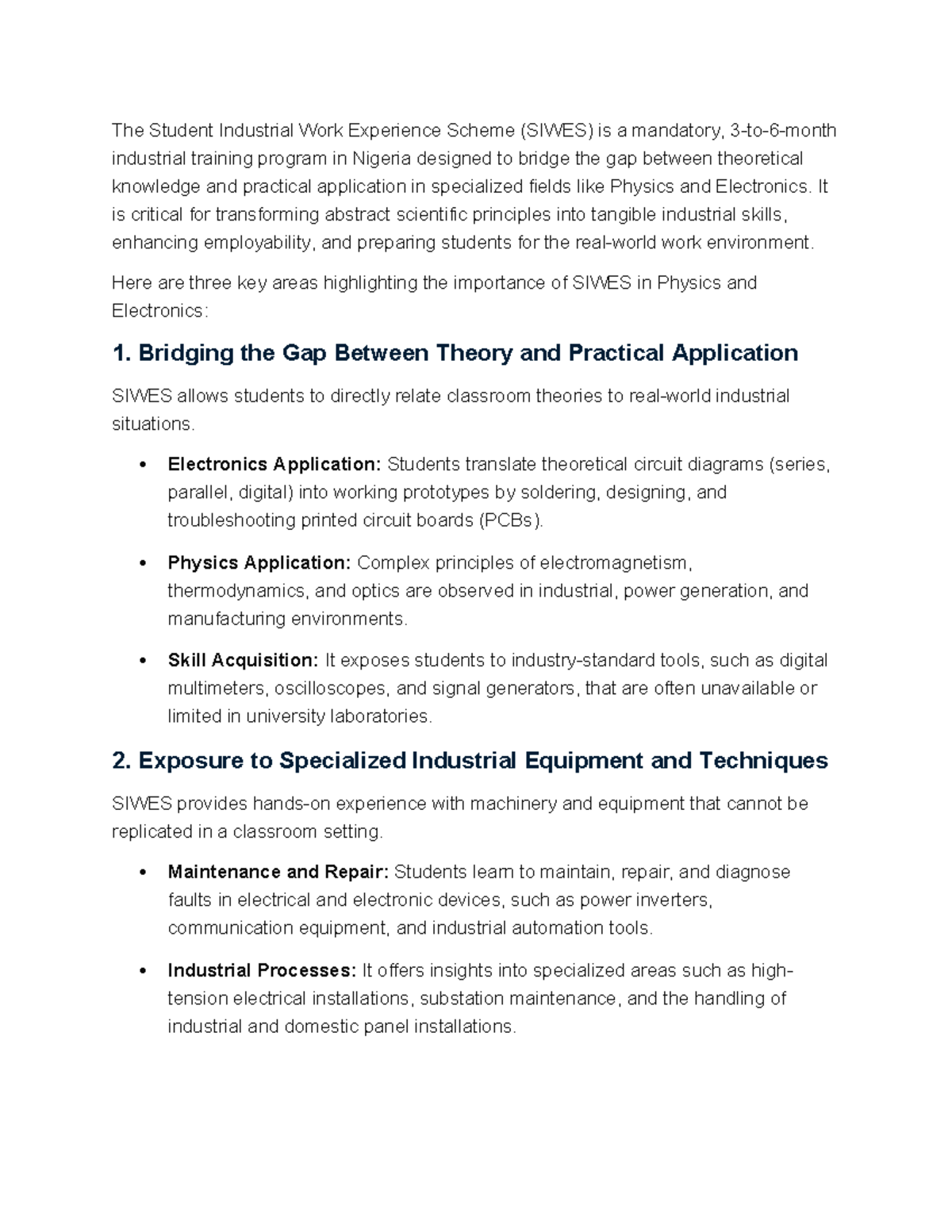 SIWES in Physics & Electronics: Bridging Theory and Practice - Studocu