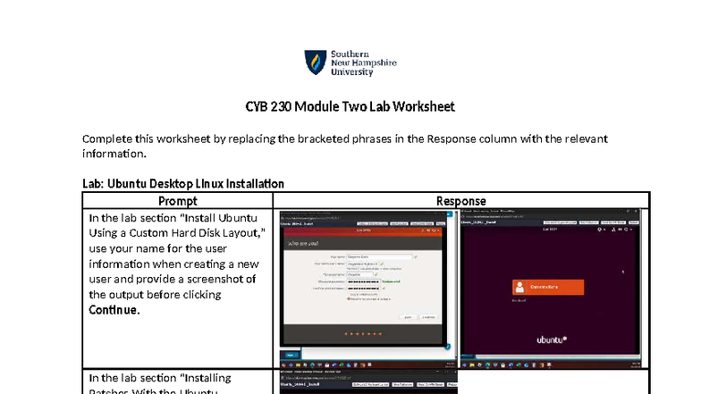 CYB 230 Module Two Lab Worksheet: Ubuntu Installation & Security Tasks ...