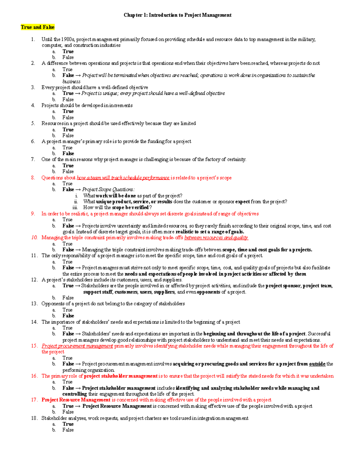 Chapter 1 - Project Management Review: True/False Questions & Summary ...