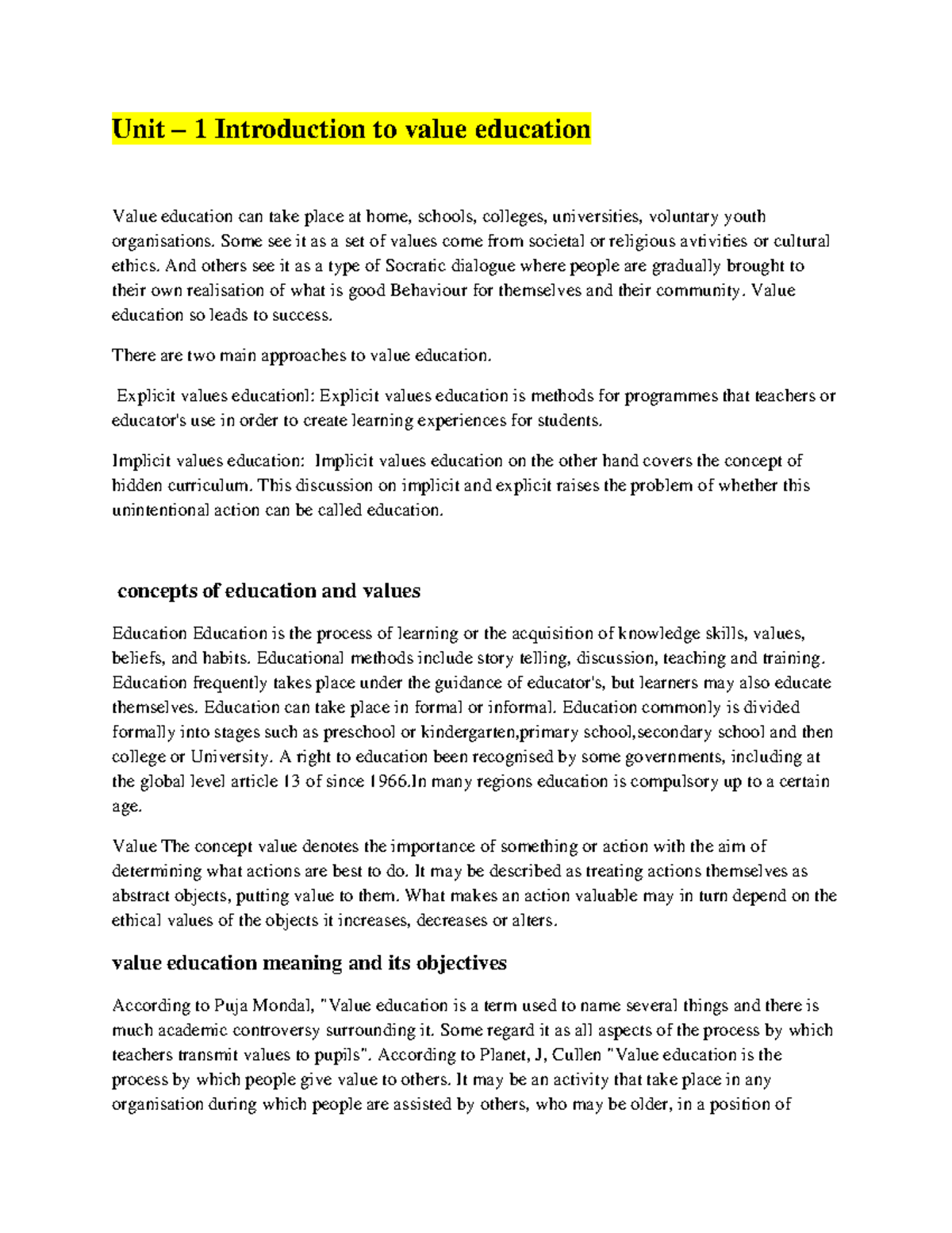 Unit 1: Understanding Value Education and Its Importance - Studocu