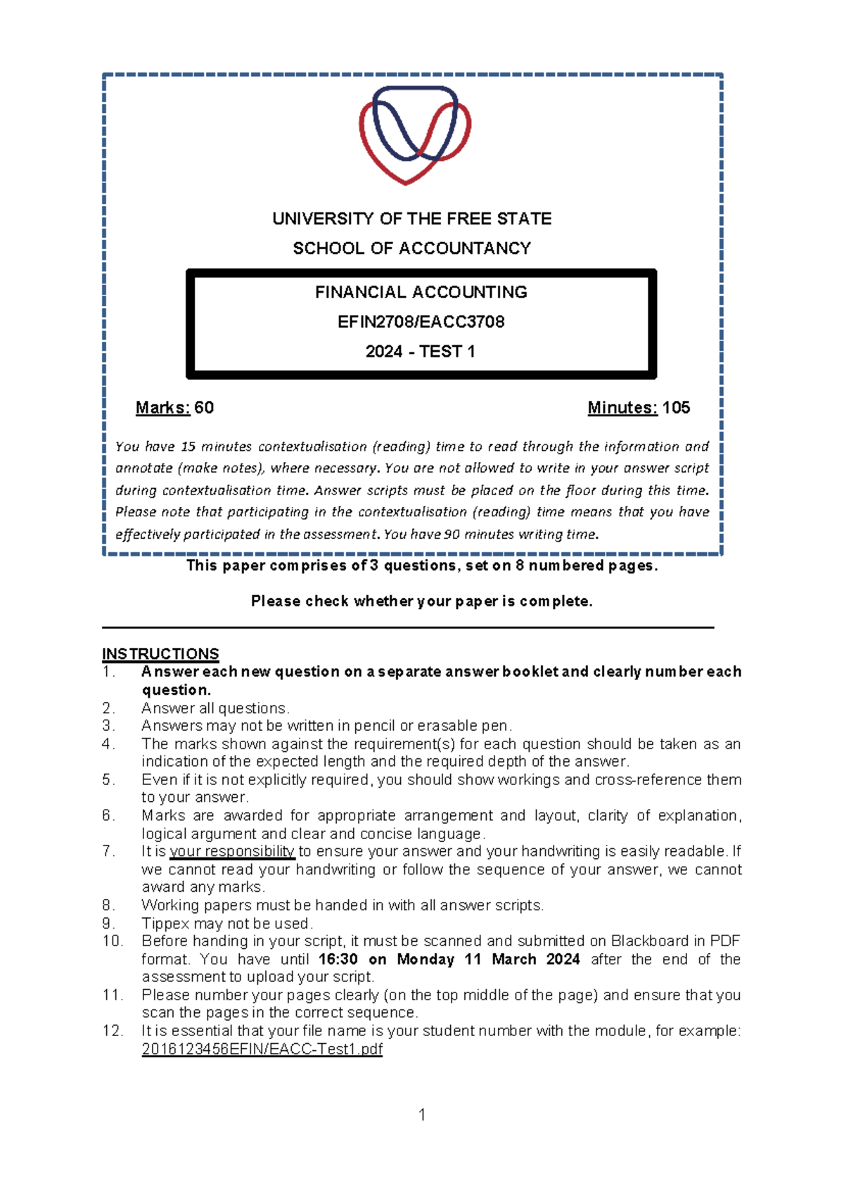 Test 1 Guidelines - 2024 EACC3708 EFIN2708 - Studocu