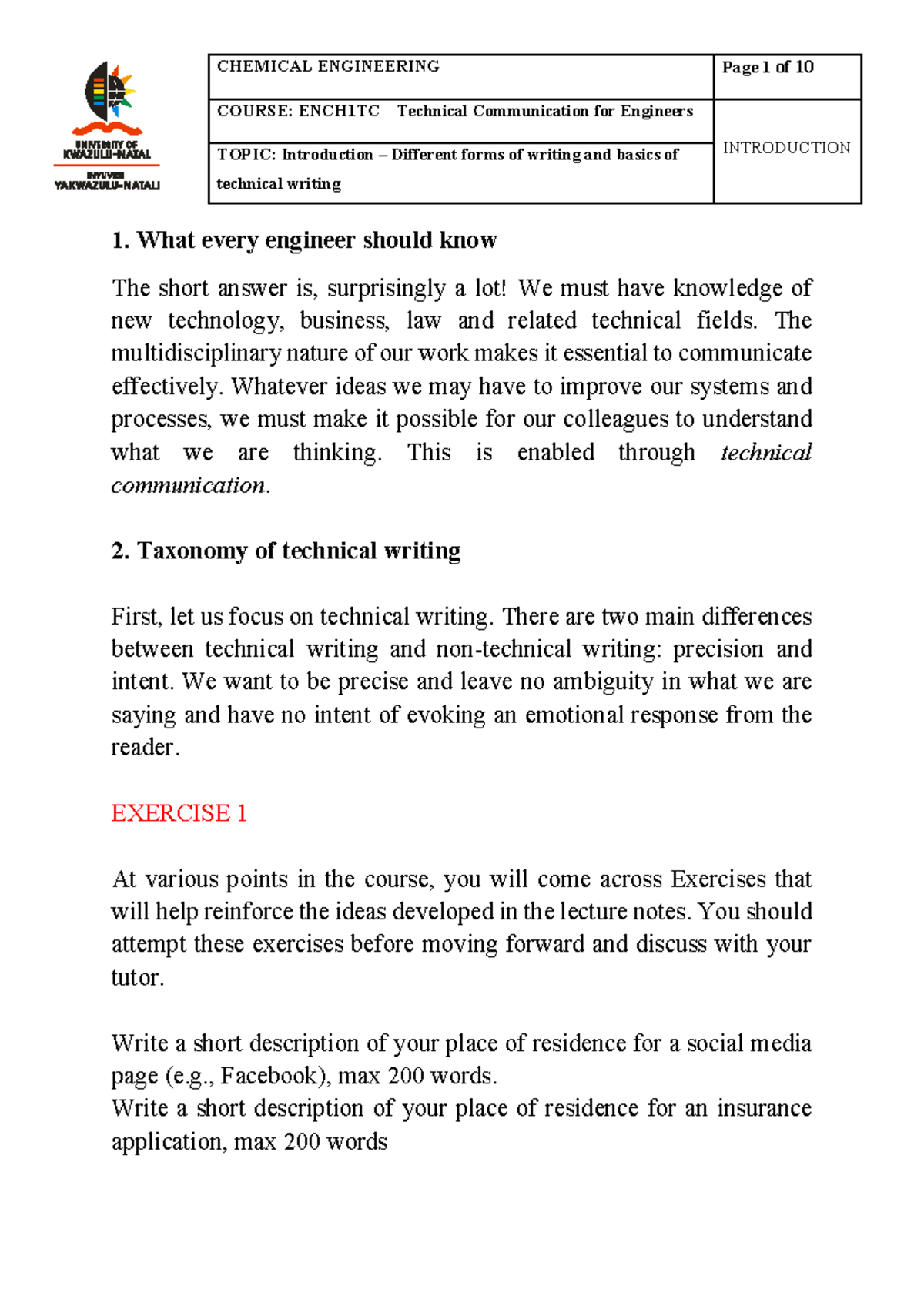 Chemical engineering course: ENCH1TC lecture 1 on technical writing ...