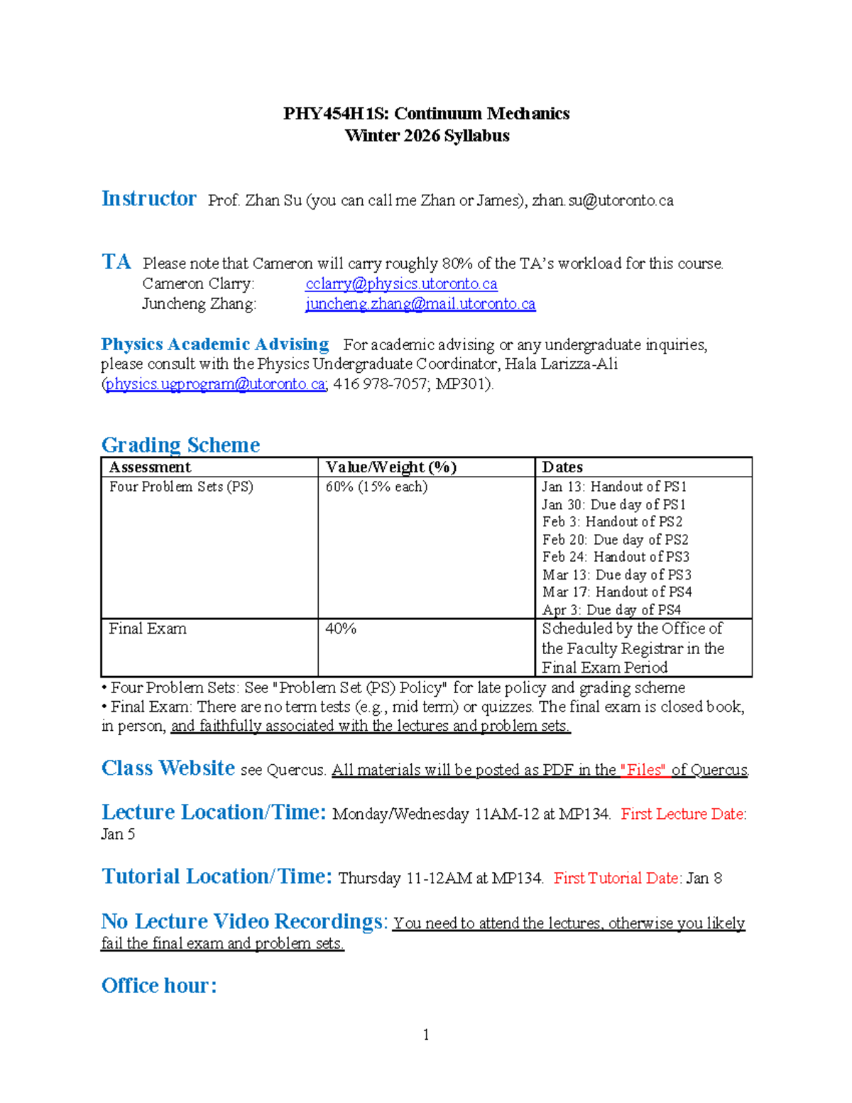 PHY454H1S: Continuum Mechanics Winter 2026 Course Syllabus - Studocu