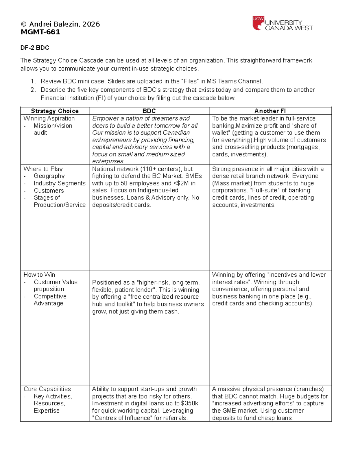 DF 2 Assignment - Strategy Choice Cascade Analysis for BDC and FI - Studocu
