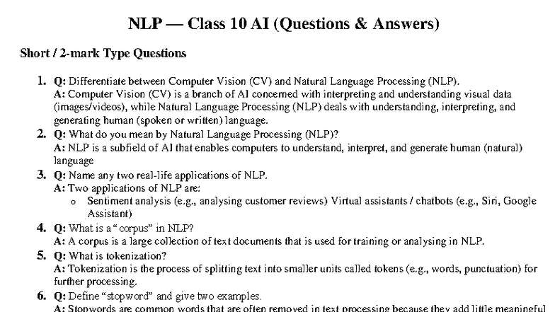 Natural Language Processing Q&A Class 10 AI MVM - Studocu