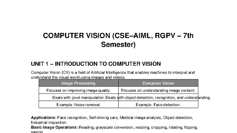 Computer Vision RGPV 7th Sem: Comprehensive Unit Notes - Studocu