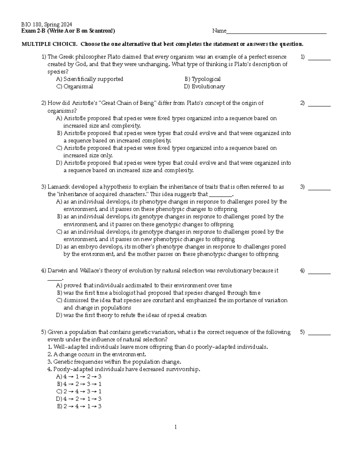 BIO 180, Spring 2024 Final Exam Review: Evolution & Natural Selection ...