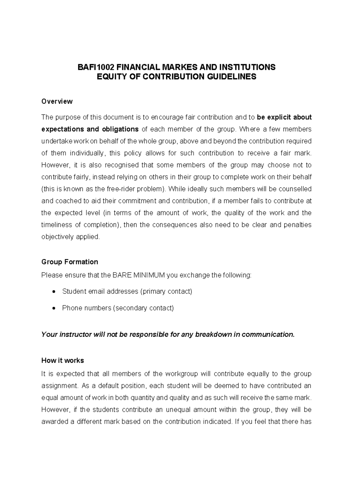 BAFI1002 Equity of Contribution Guidelines for Group Assignments - Studocu