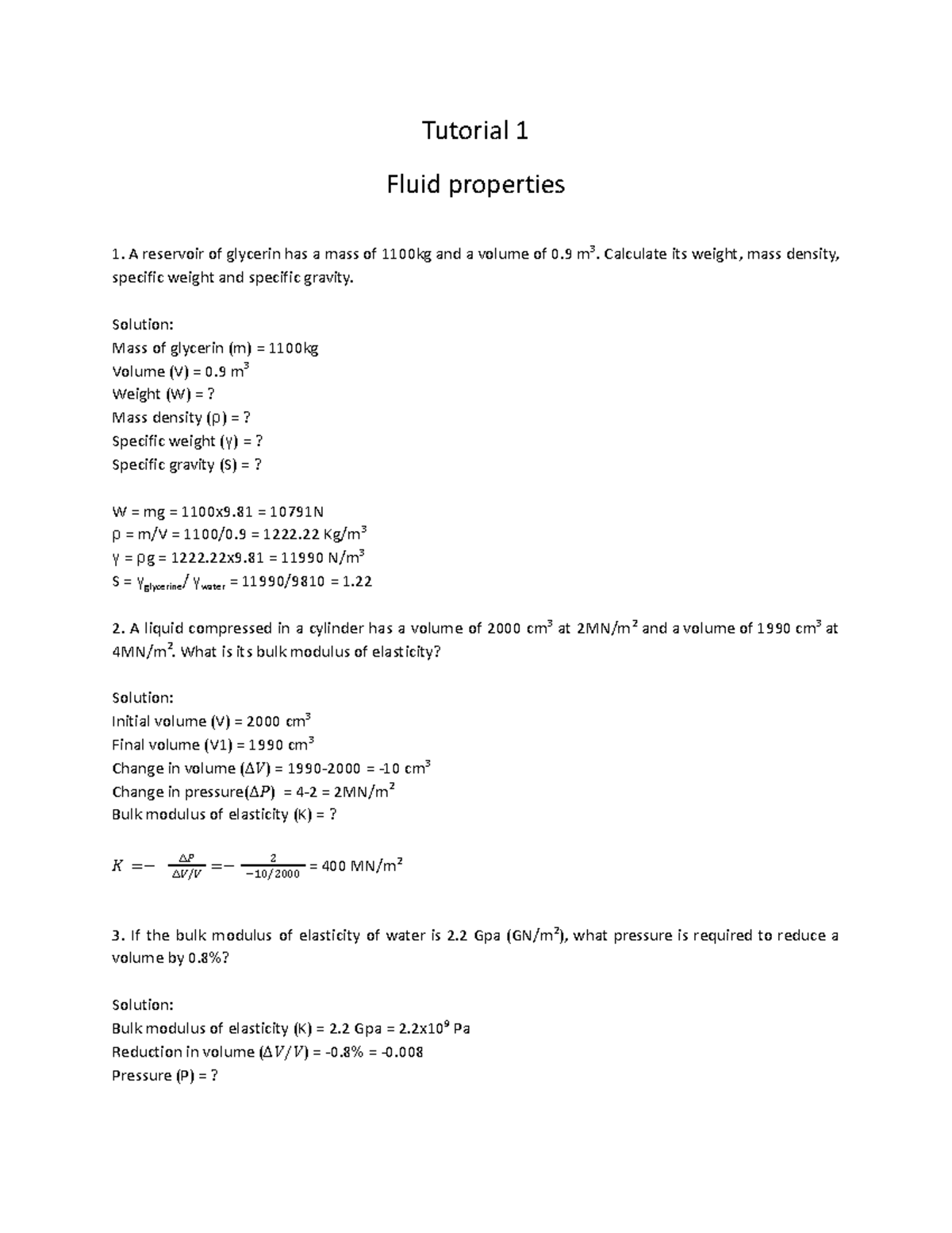 Tutorial 1 & 2 Fluid Properties and Pressure Solutions - Studocu