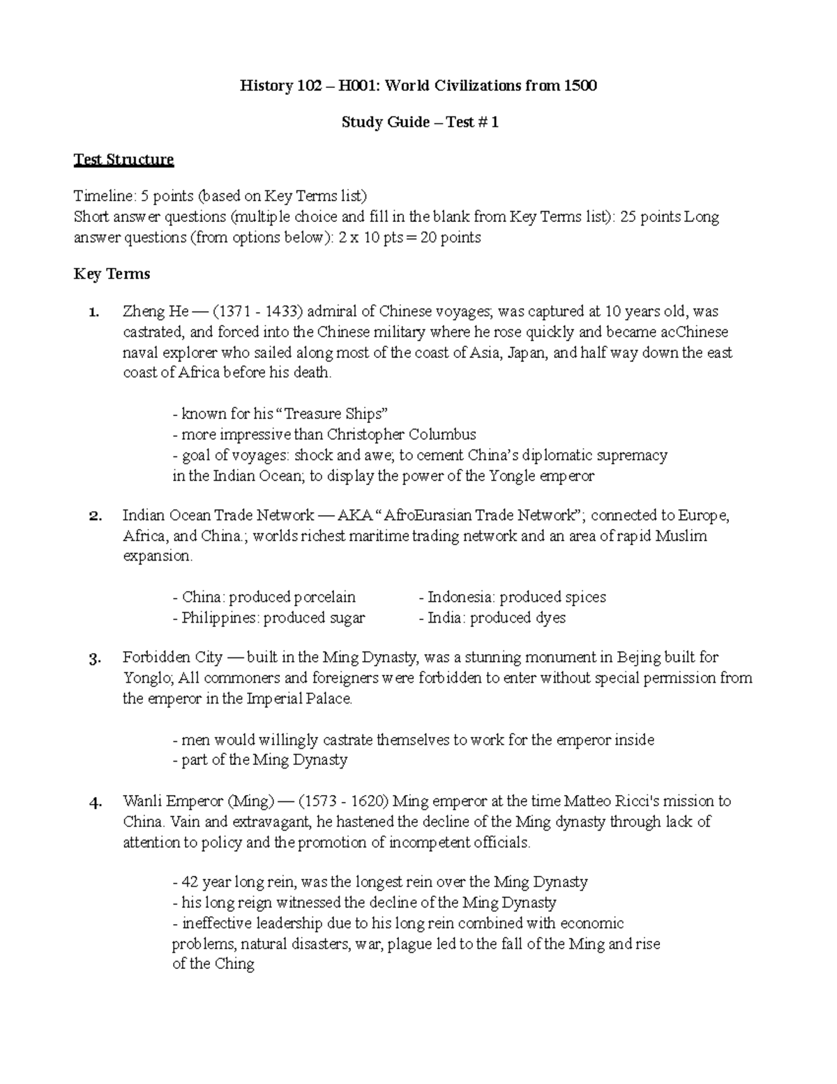 HIS 102 Exam 1 Study Guide - Key Concepts & Terms Insights - Studocu