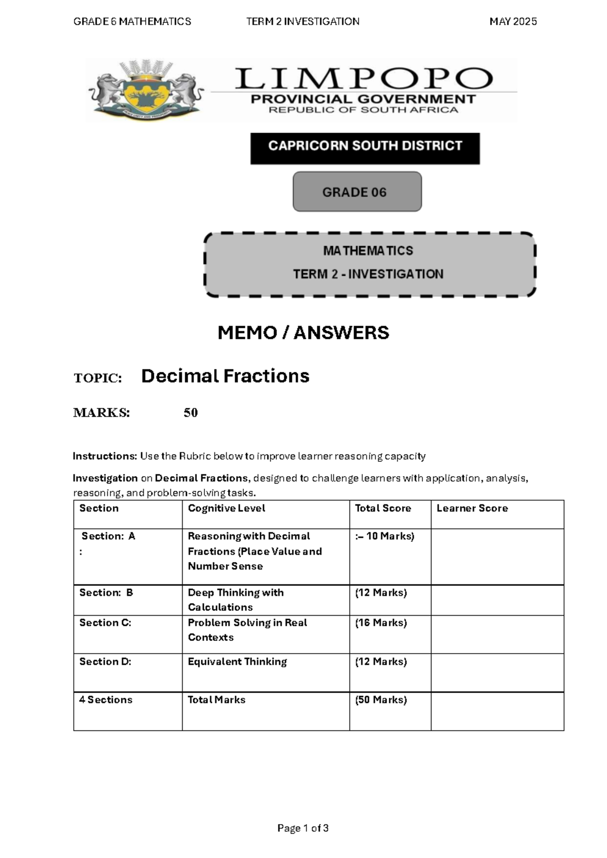 GRADE 6 MATHEMATICS TERM 2 INVESTIGATION MAY 2025 MEMO ANSWERS - Studocu