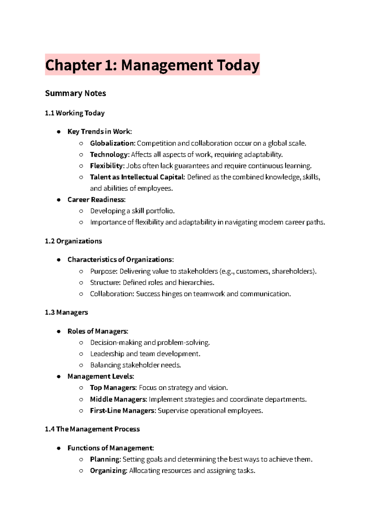 GMS200 Final Exam Summary Notes - Chapter 1: Management Today Summary ...