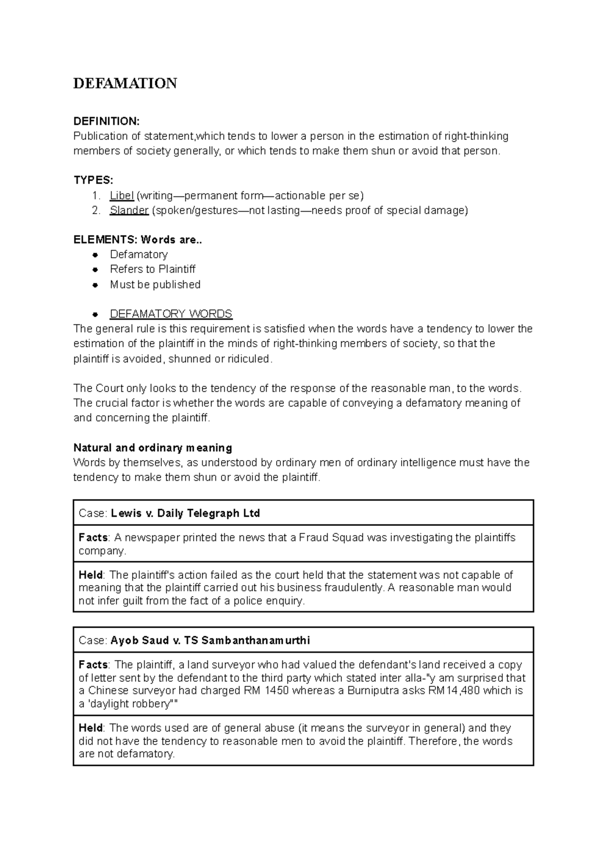 Defamation Law Overview and Cases: Notes for Legal Studies (LAW101 ...