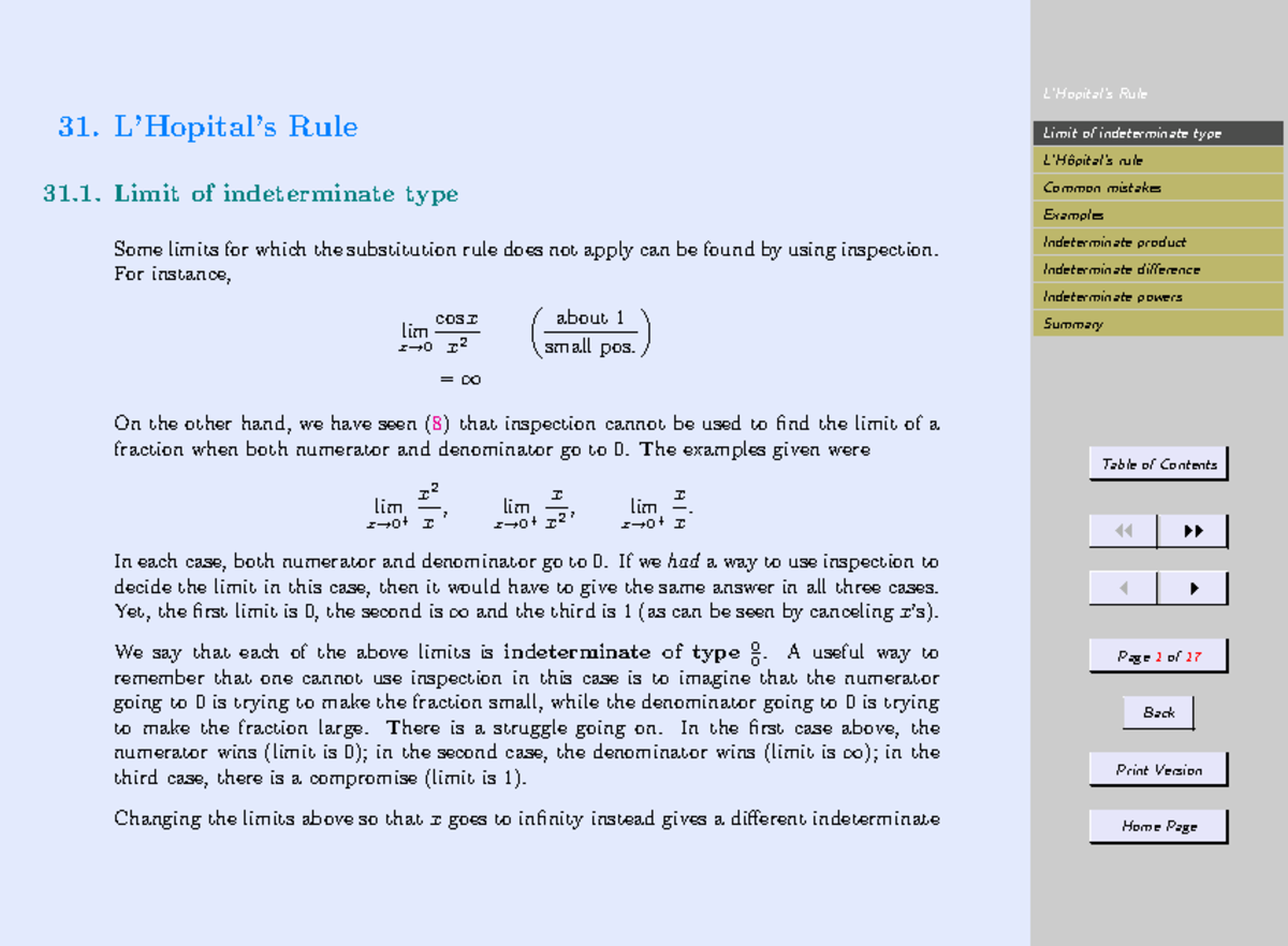 MATHS 31 - L'Hôpital's Rule & Indeterminate Limits Study Notes - Studocu