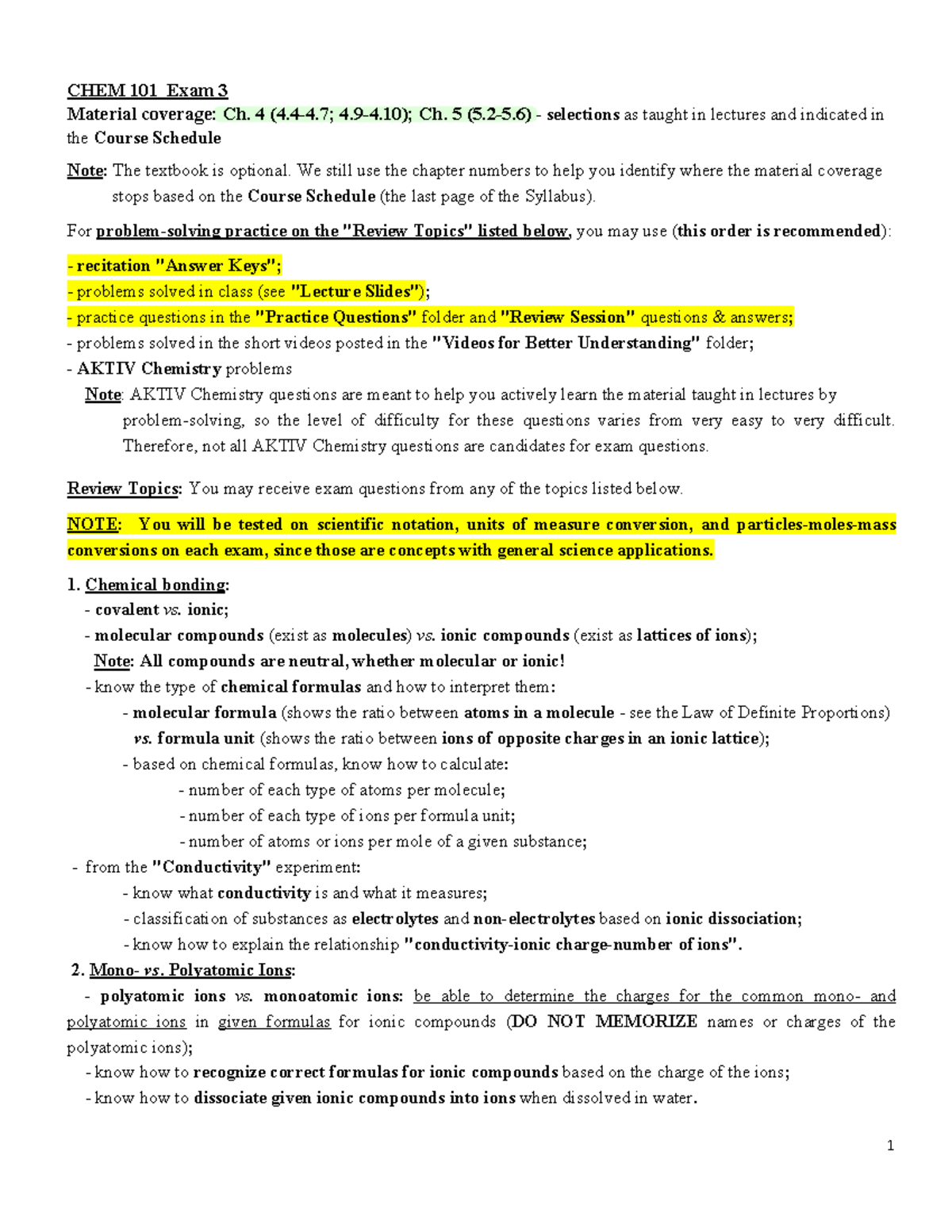 CHEM 101 Exam 3 Review Sheets - 1 CHEM 101 Exam 3 Material coverage: Ch ...
