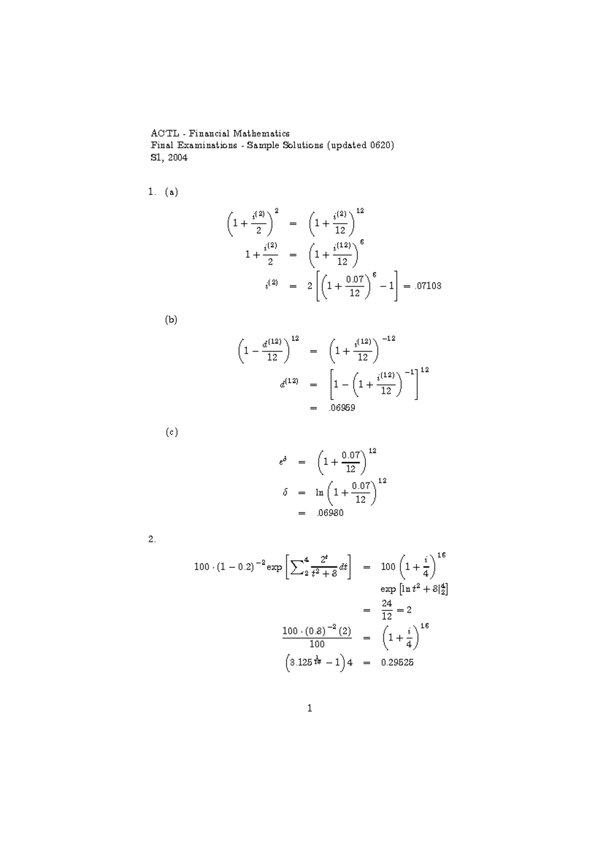 2004 2001 FE sol - blank hd - ACTL - Financial Mathematics Final ...