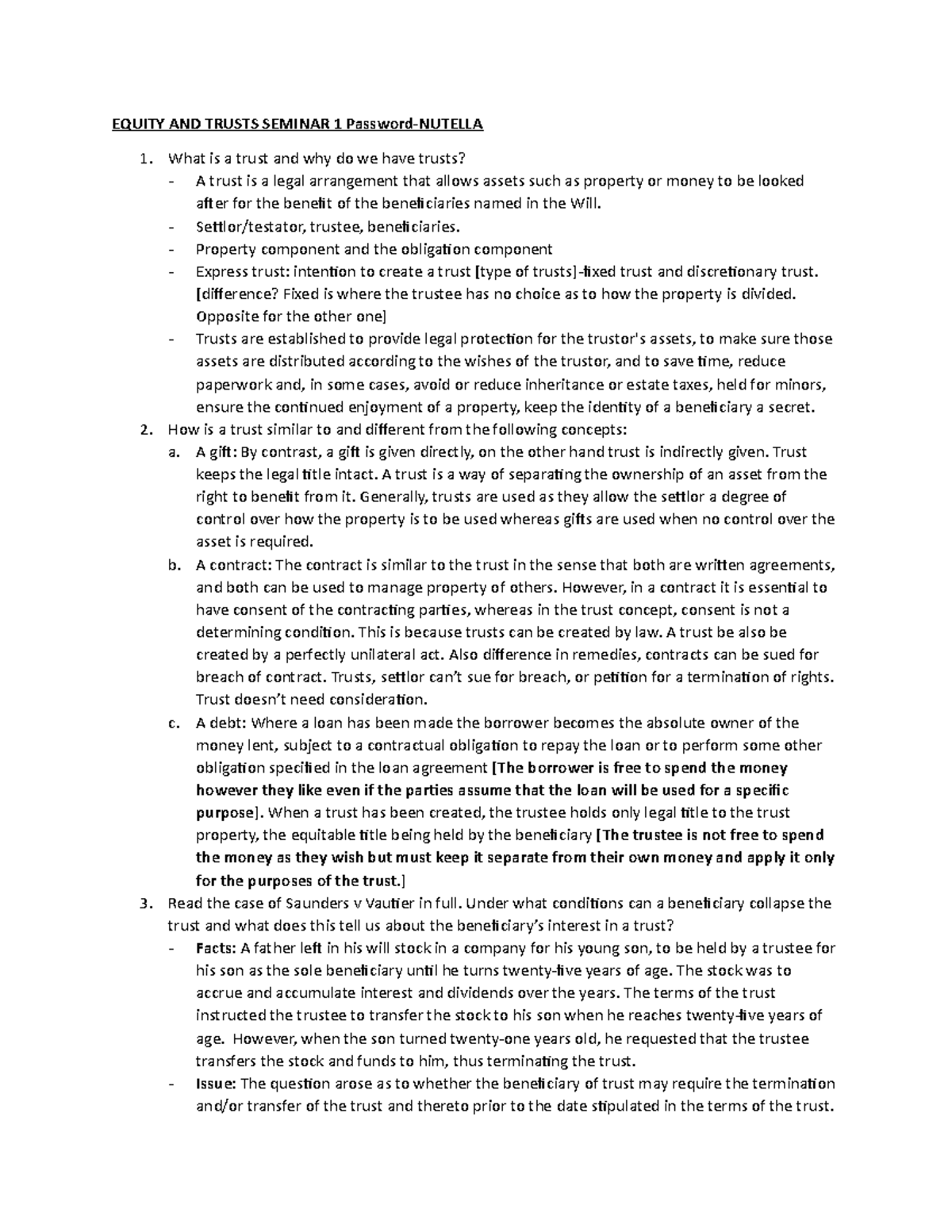 Equity and Trusts Seminar 1: Understanding Trusts and Their ...