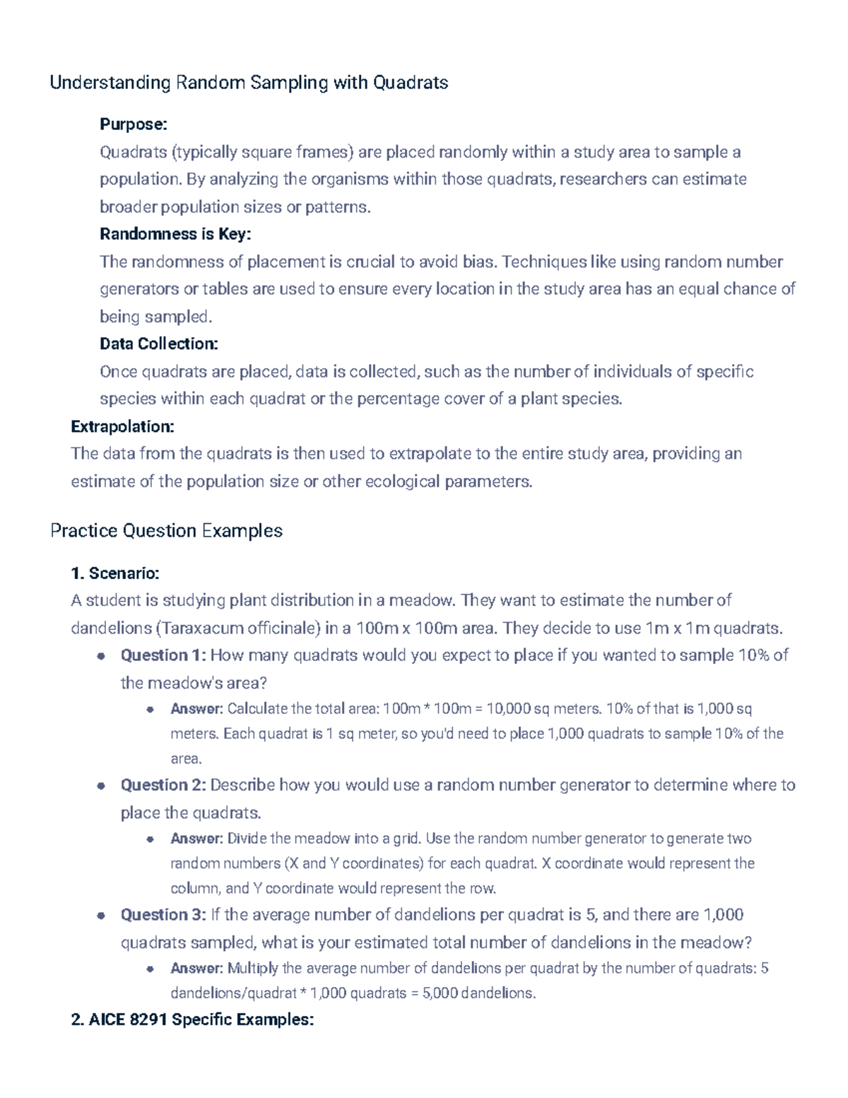 AICE 8291 Random Sampling with Quadrats: Practice Questions - Studocu