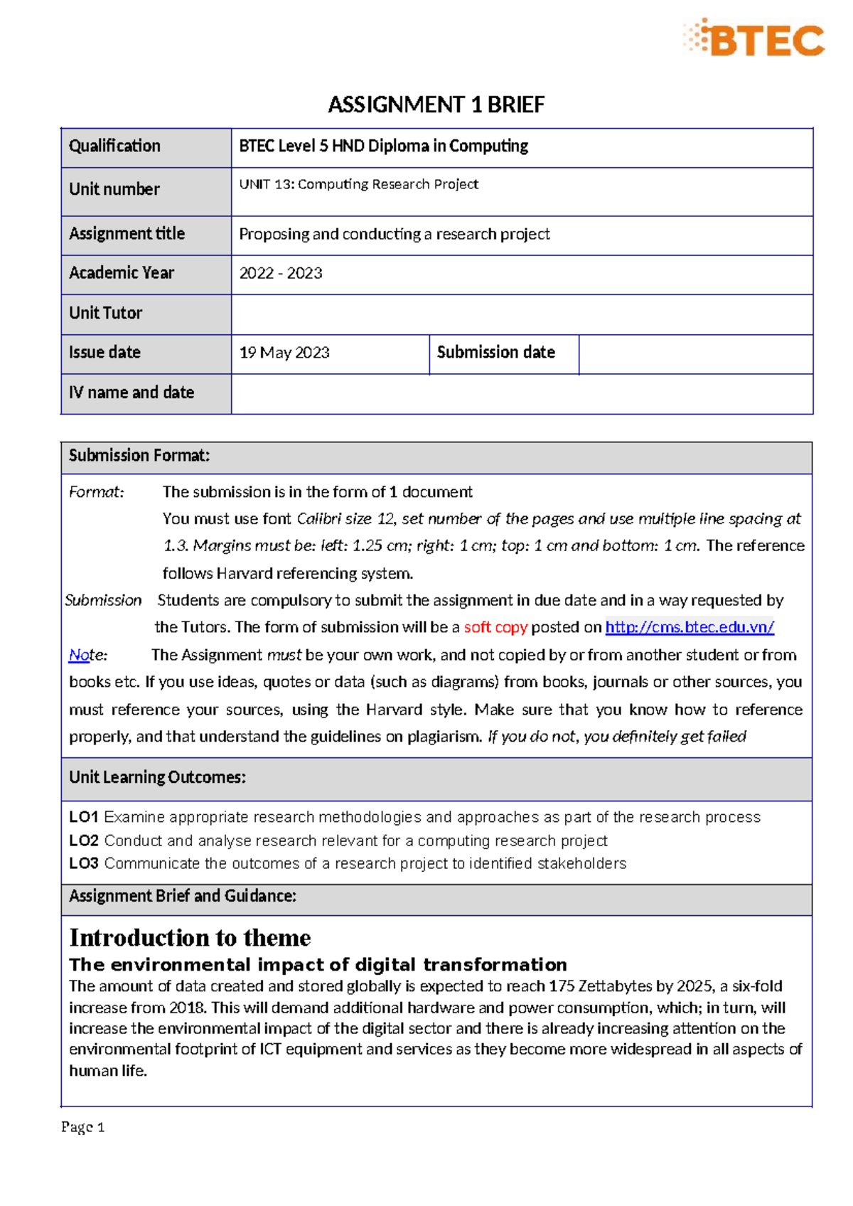 Assignment 1 Brief - Research Project Proposal for UNIT 13: Computing ...