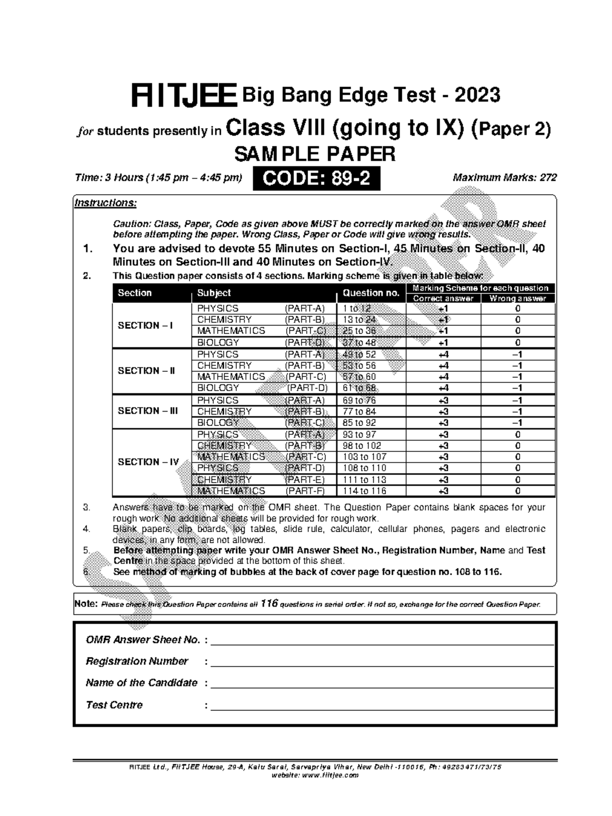 Sample Paper-BBE-2023- Class-VIII-P2-PCBM - FIITJEE Ltd., FIITJEE House ...