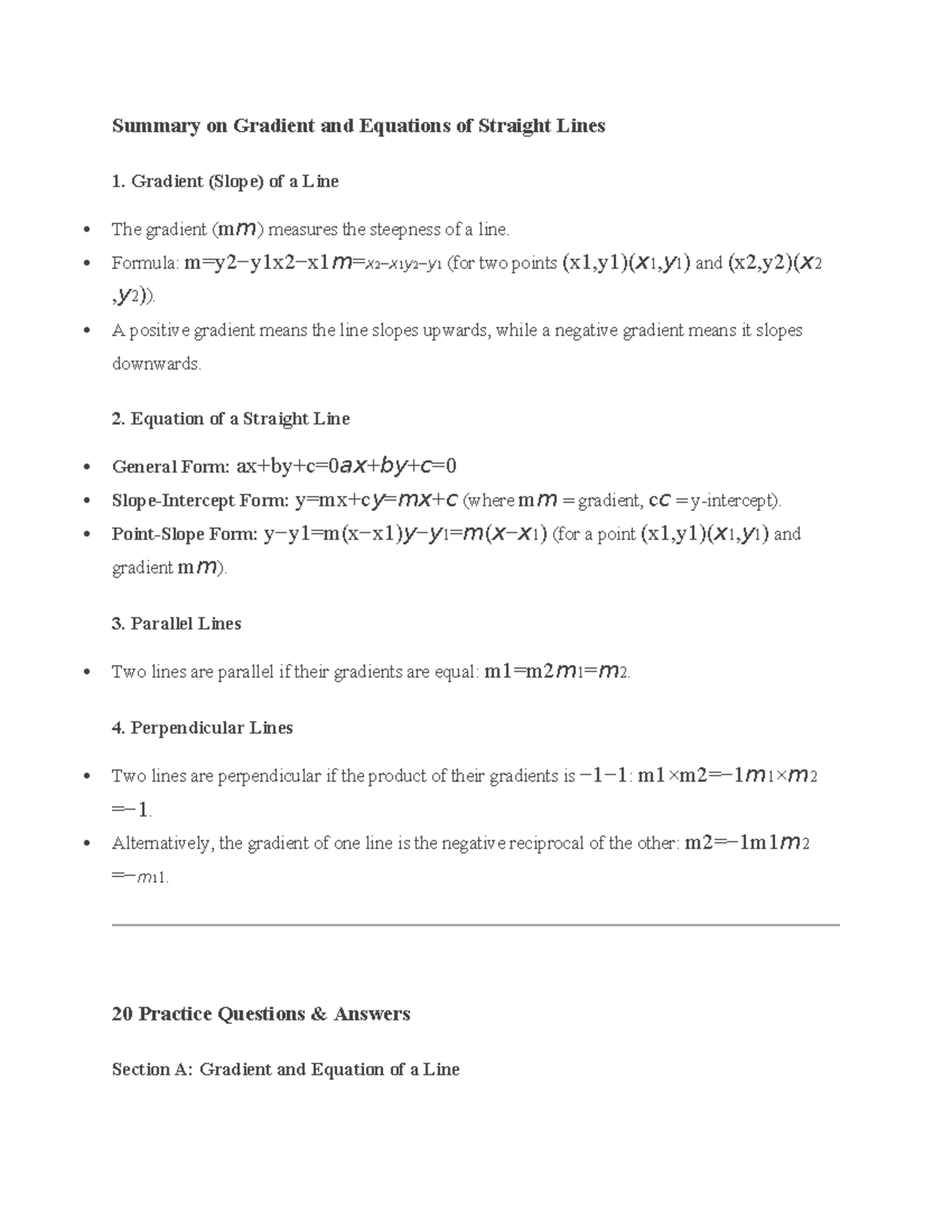 Summary of Gradient & Straight Line Equations (Math 101) - Studocu