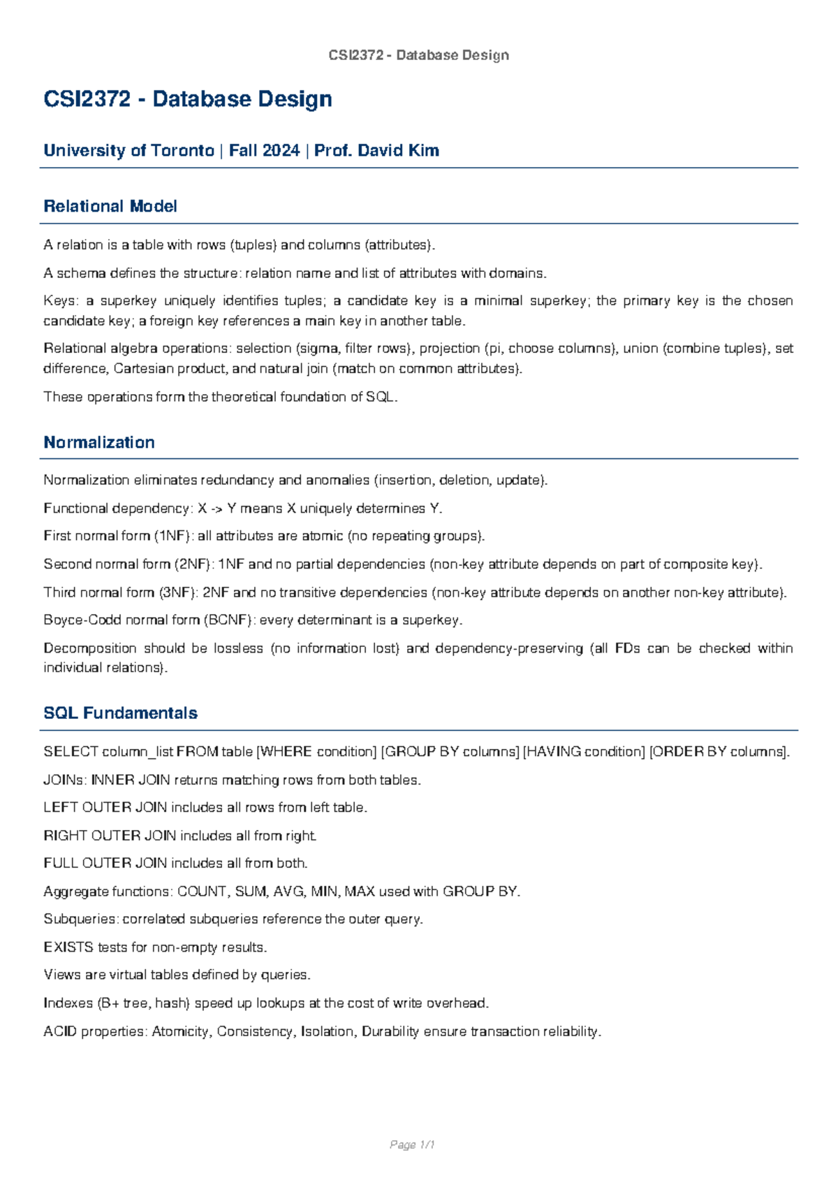 CSI2372 Final Exam Notes: Database Design Concepts and SQL Fundamentals ...
