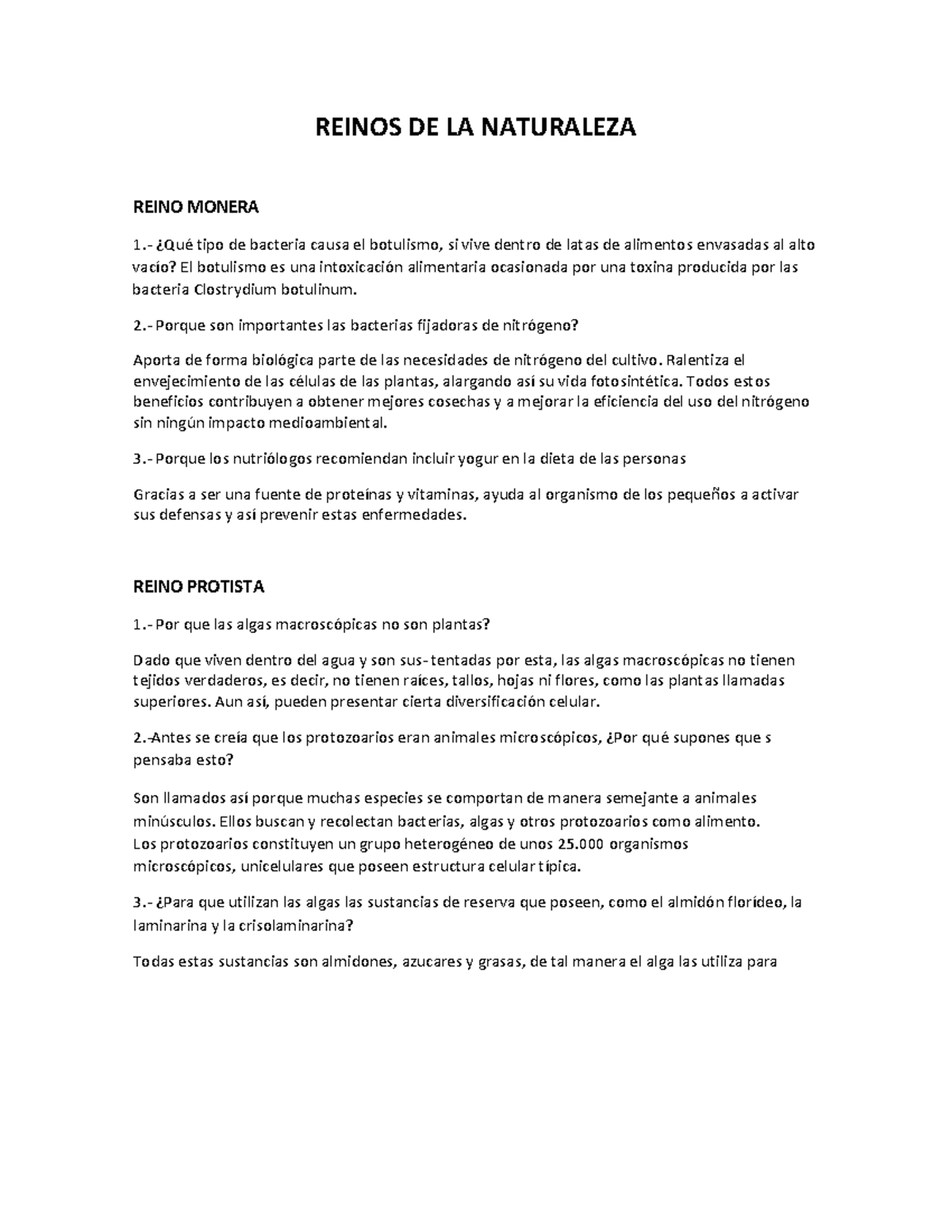 Reinos de la Naturaleza: Monera, Protista y Fungi - Resumen y Preguntas -  Studocu